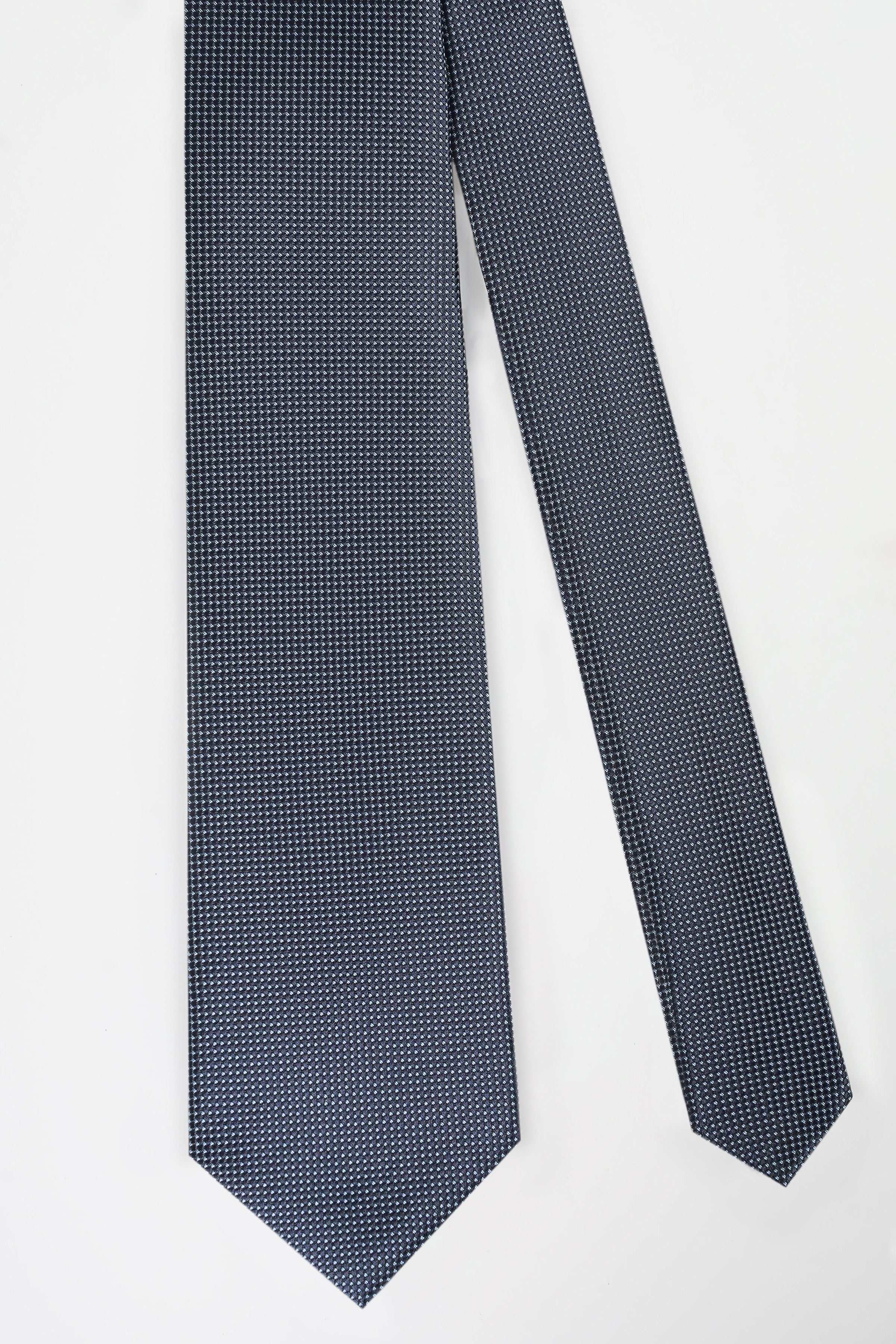 Poly silk tie, dark blue narrow pattern, flat view of length