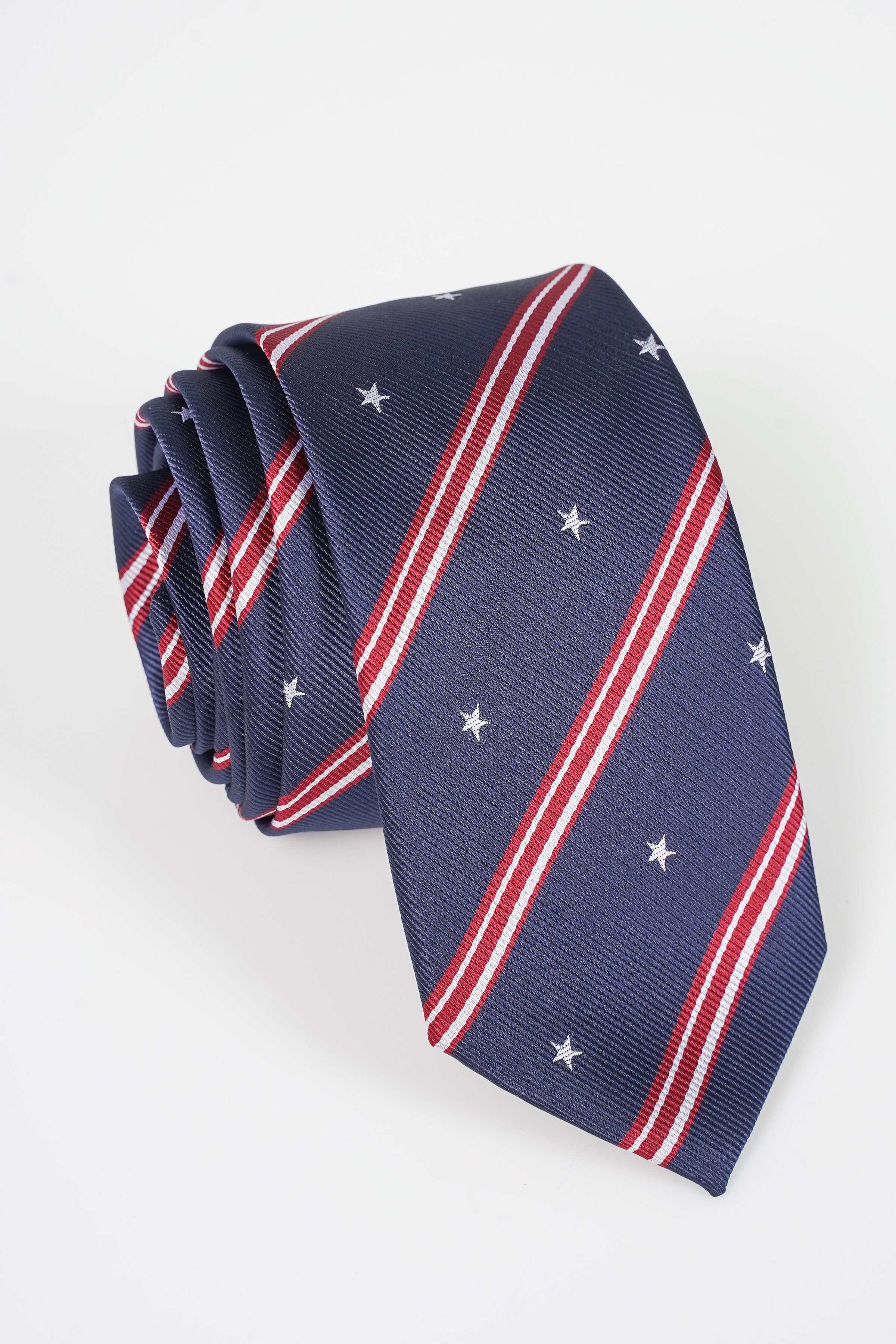 Navy poly silk tie with red-and-white stripes and small star pattern