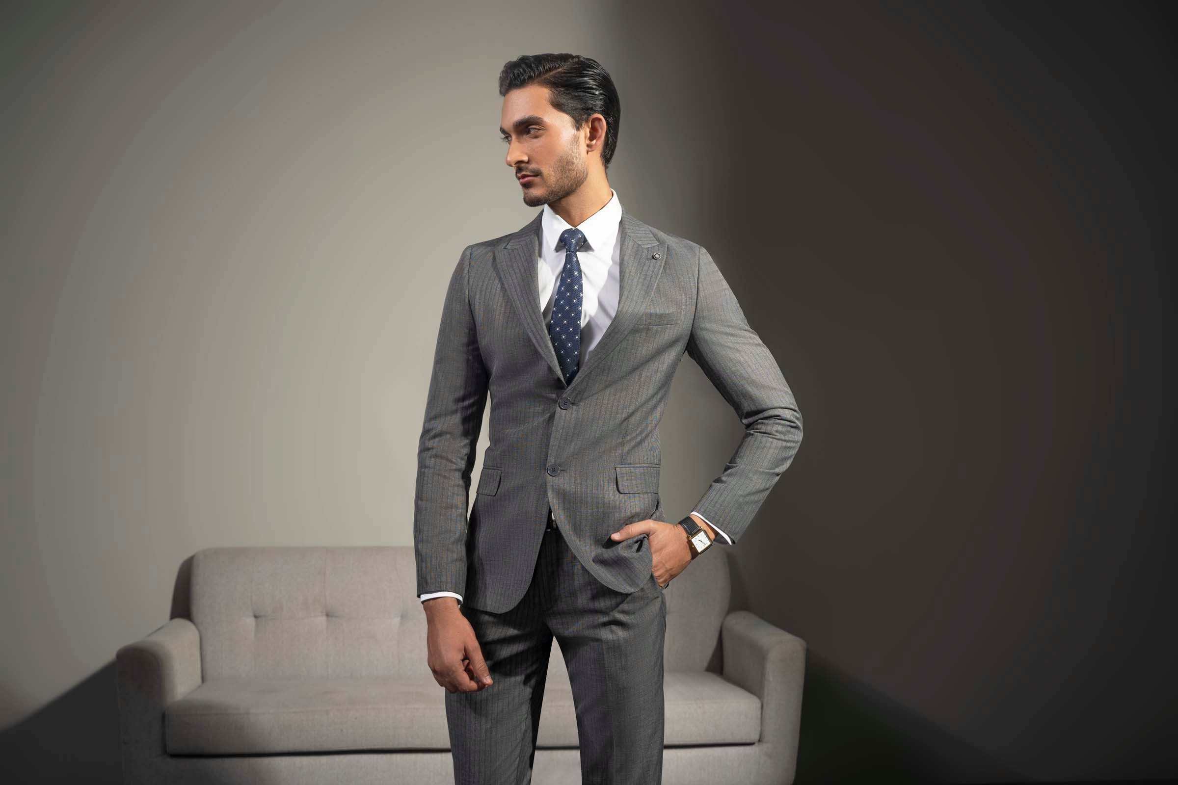 PREMIUM 2 PIECE SUIT GREY STRIPER at Charcoal Clothing