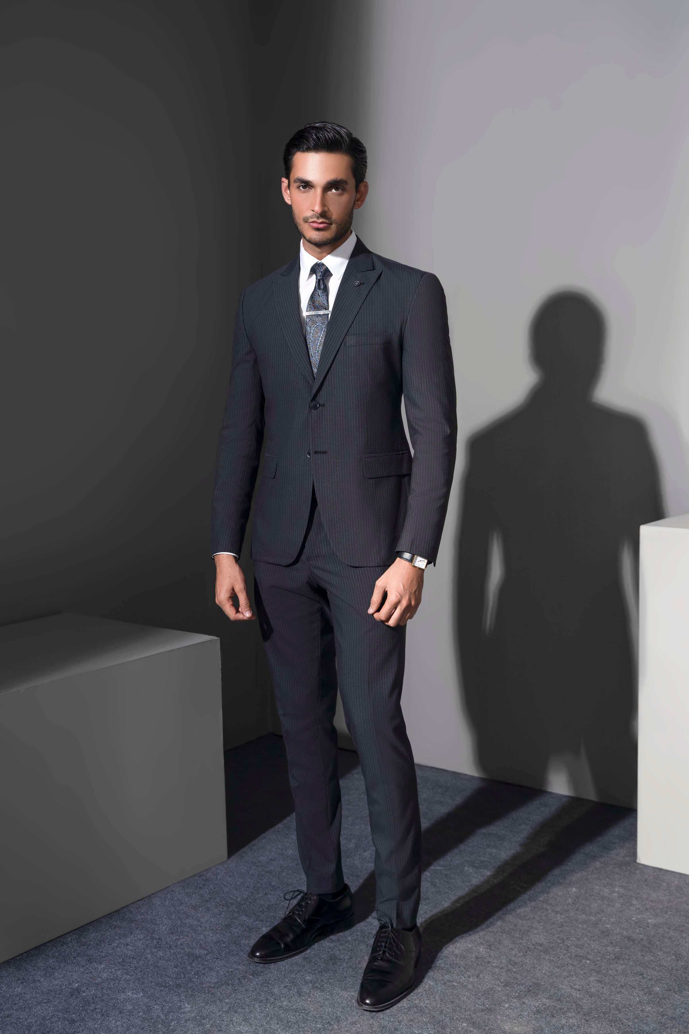 PREMIUM 2 PIECE SUIT NAVY STRIPER at Charcoal Clothing