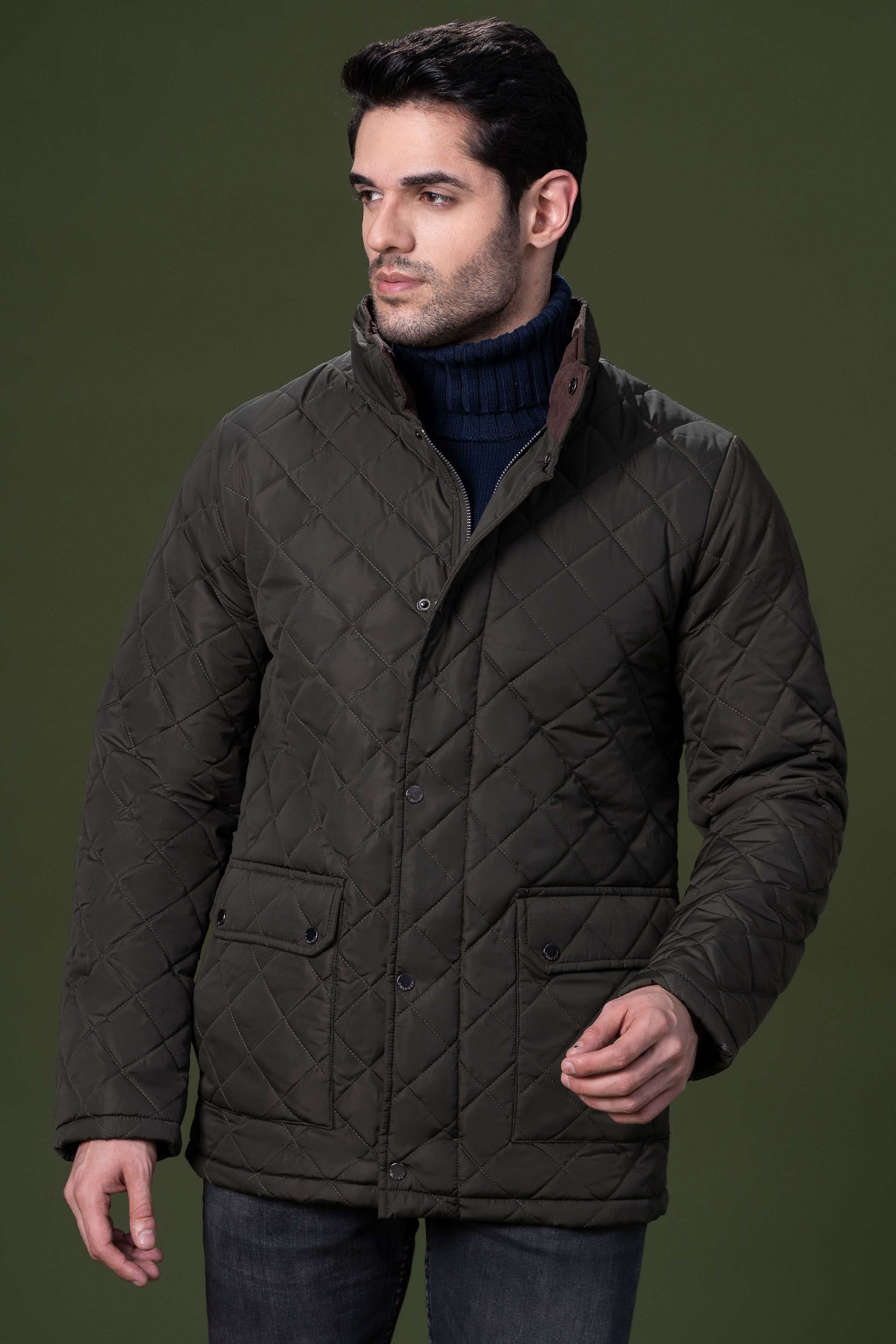 QUILTED LONG JACKET OLIVE at Charcoal Clothing