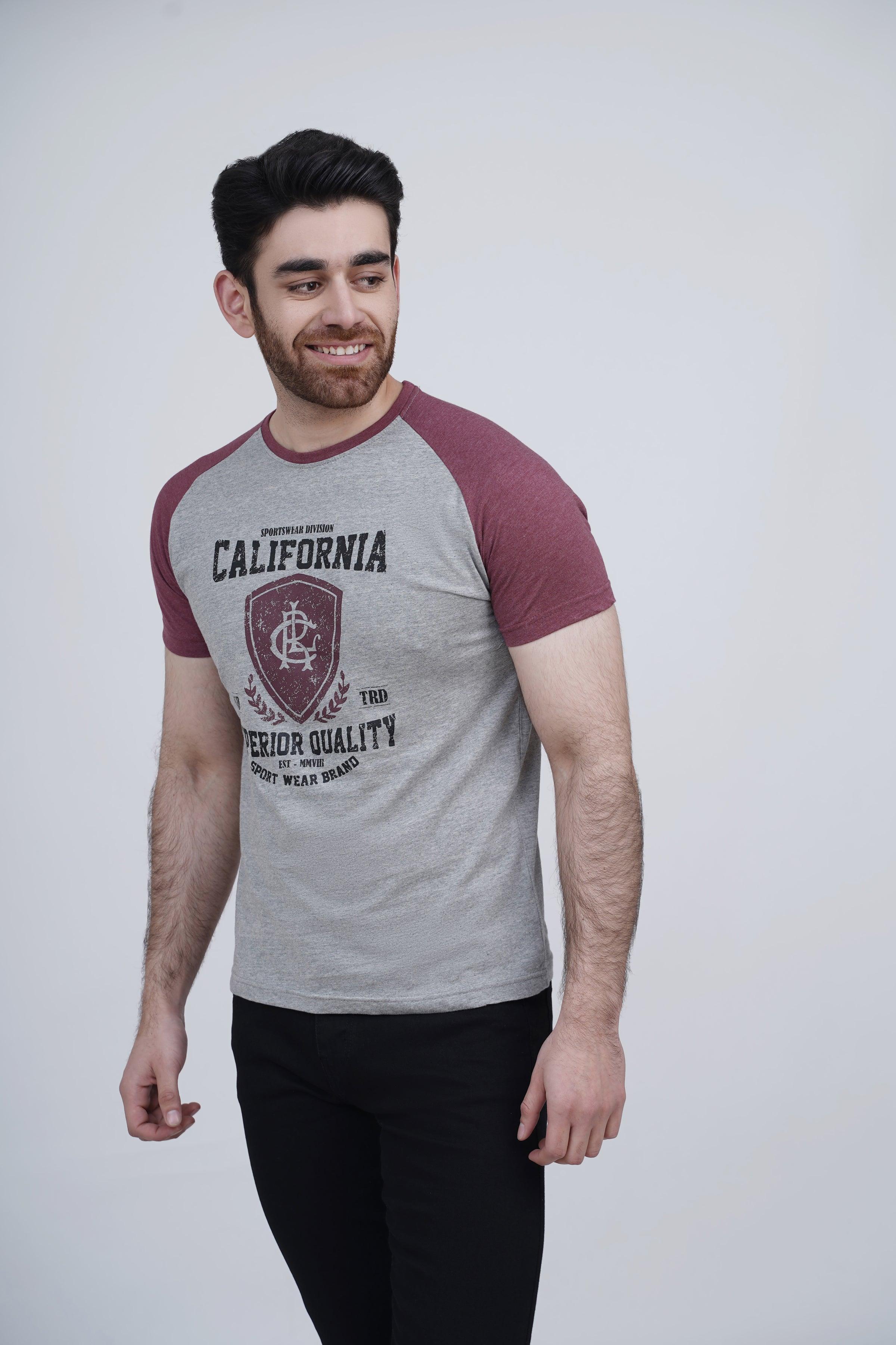 RAGLAN T SHIRT MAROON GREY at Charcoal Clothing