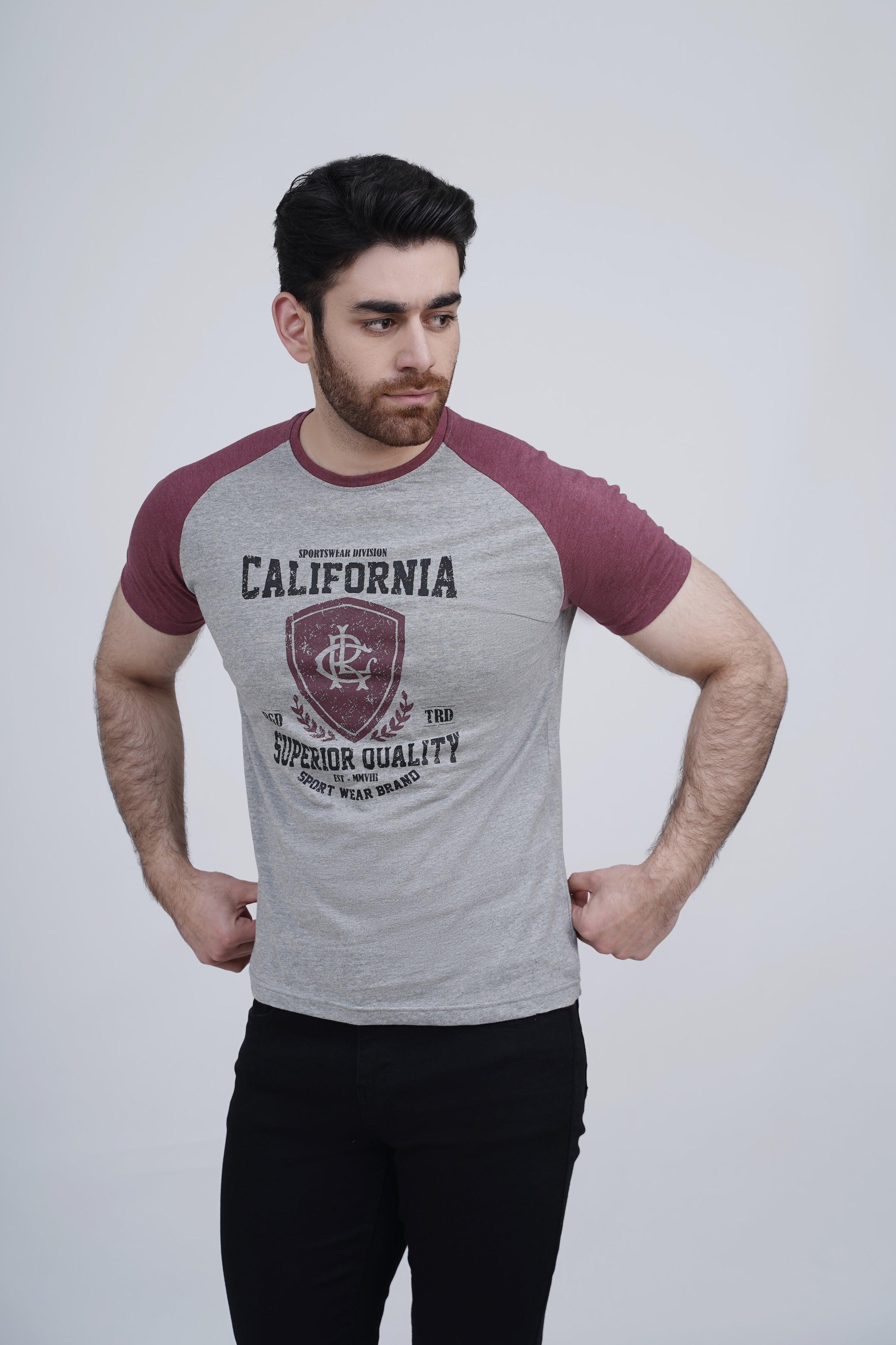 RAGLAN T SHIRT MAROON GREY at Charcoal Clothing