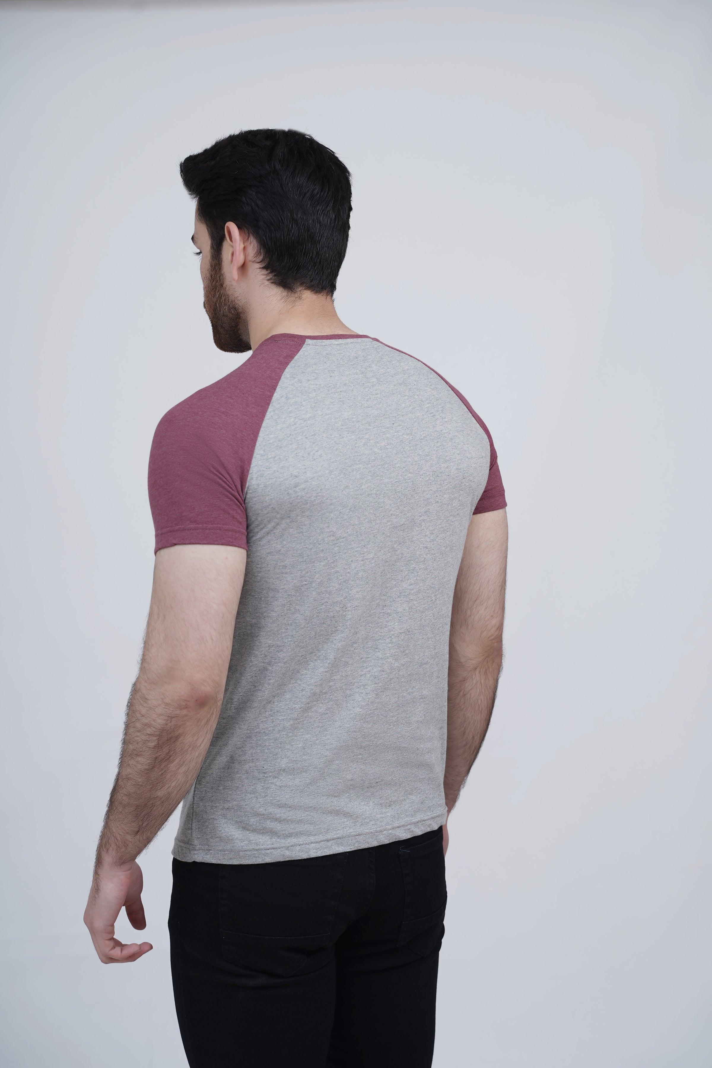 RAGLAN T SHIRT MAROON GREY at Charcoal Clothing