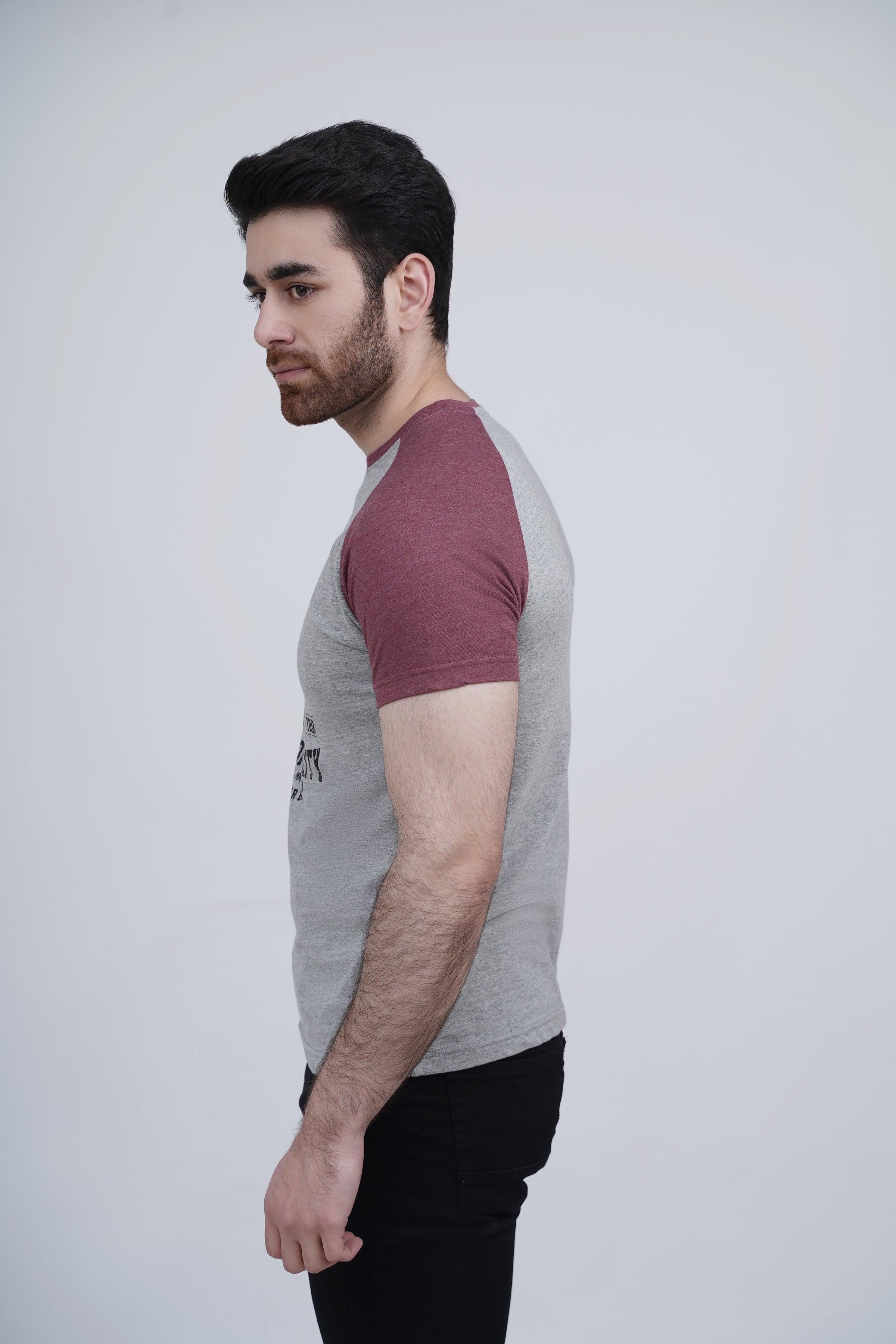 RAGLAN T SHIRT MAROON GREY at Charcoal Clothing