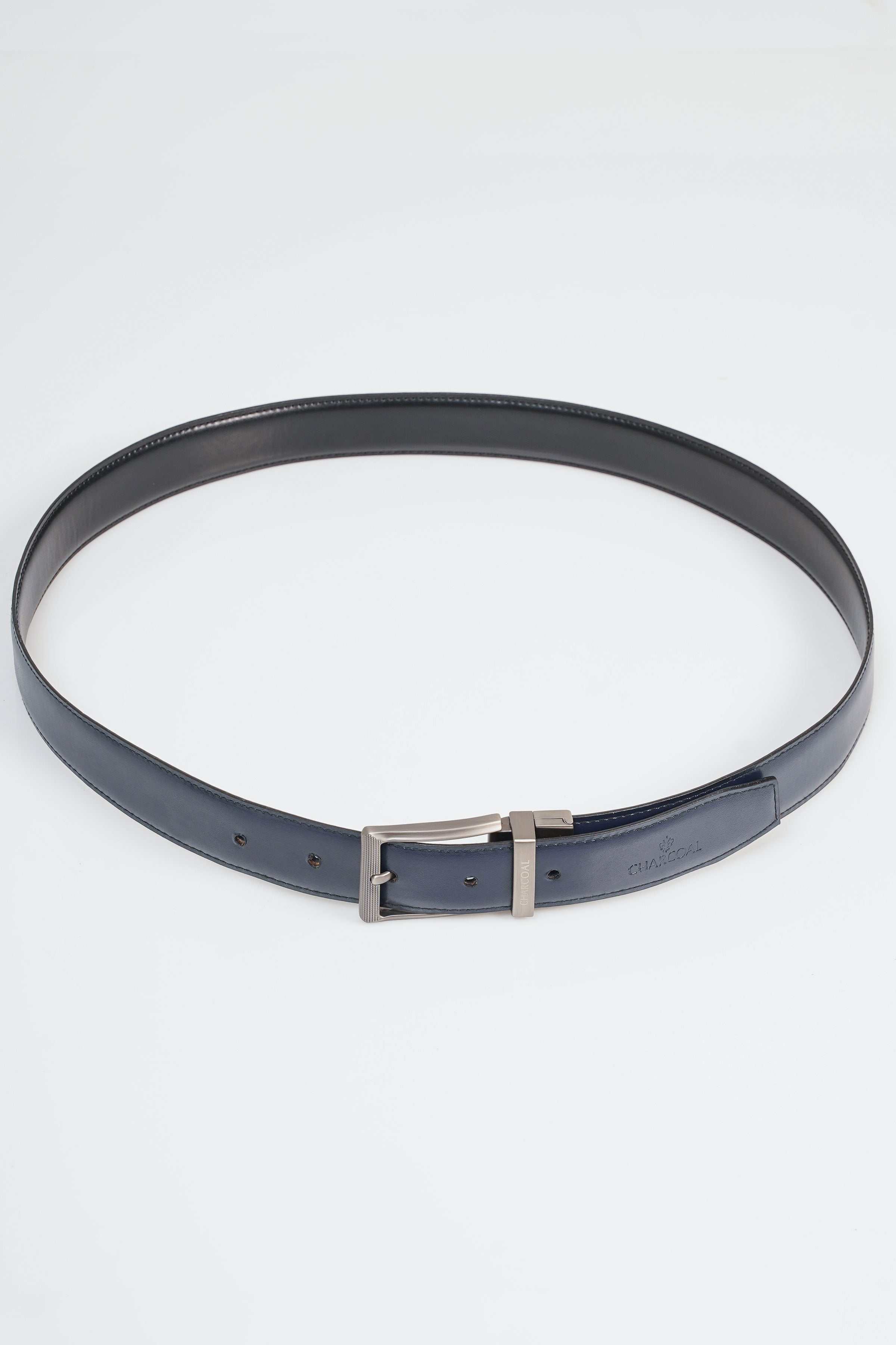 Reversible leather belt with blue strap and rectangular silver buckle