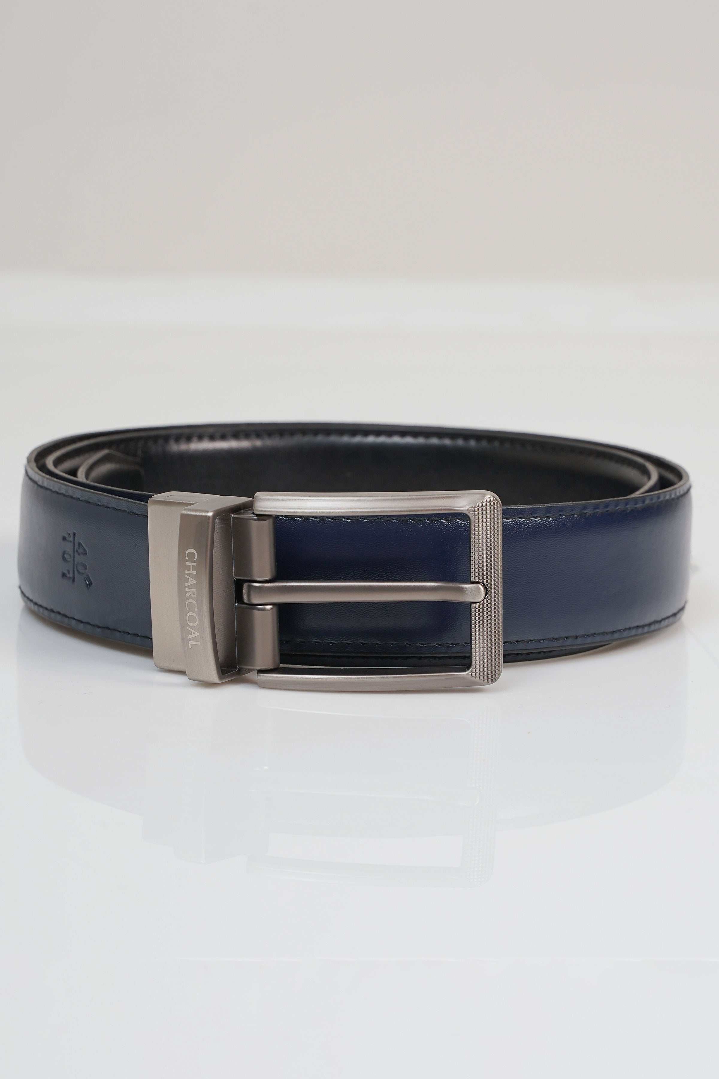 Reversible leather belt with silver buckle, dark navy strap