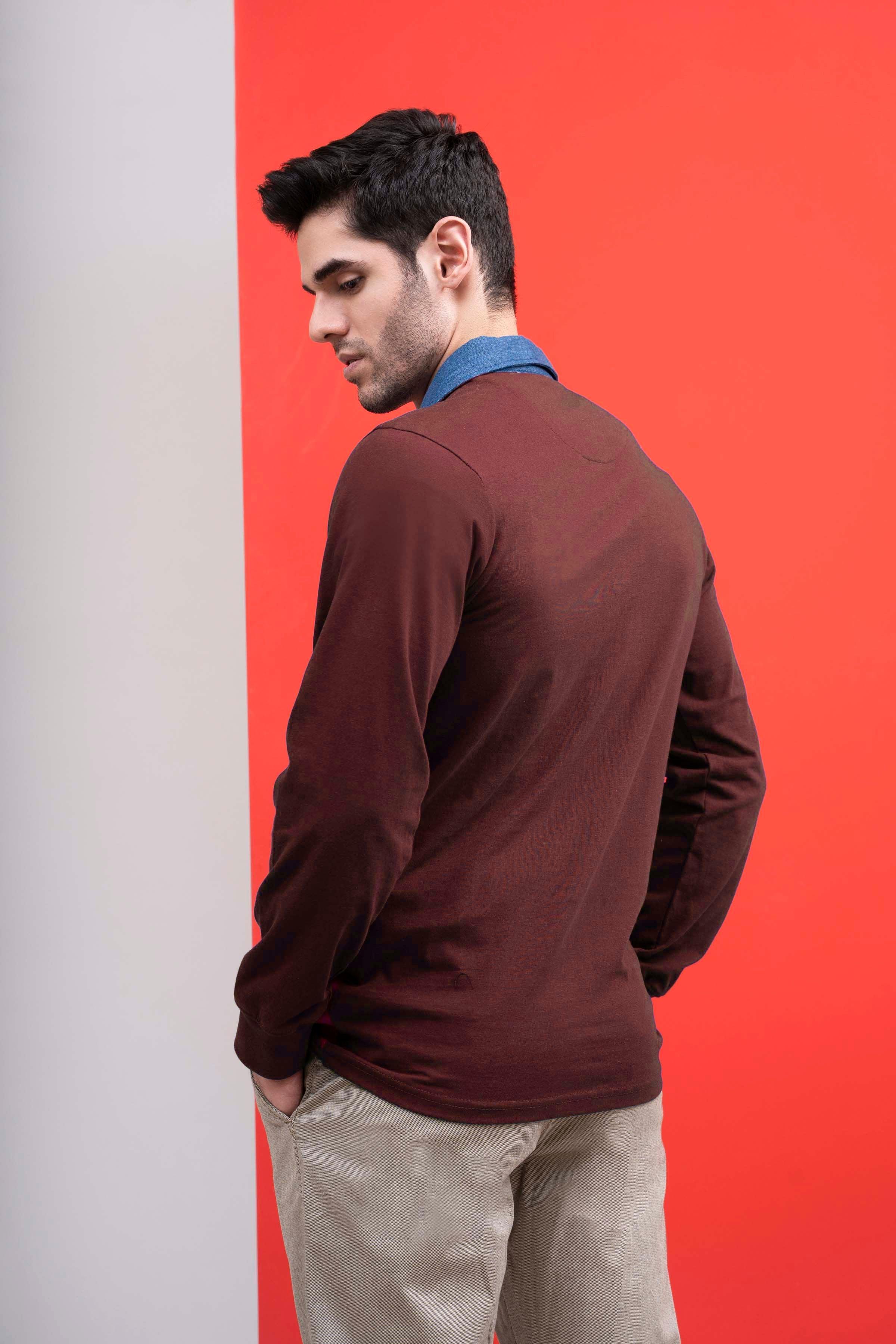 RUGBY DENIM COLLAR SHIRT MAROON at Charcoal Clothing
