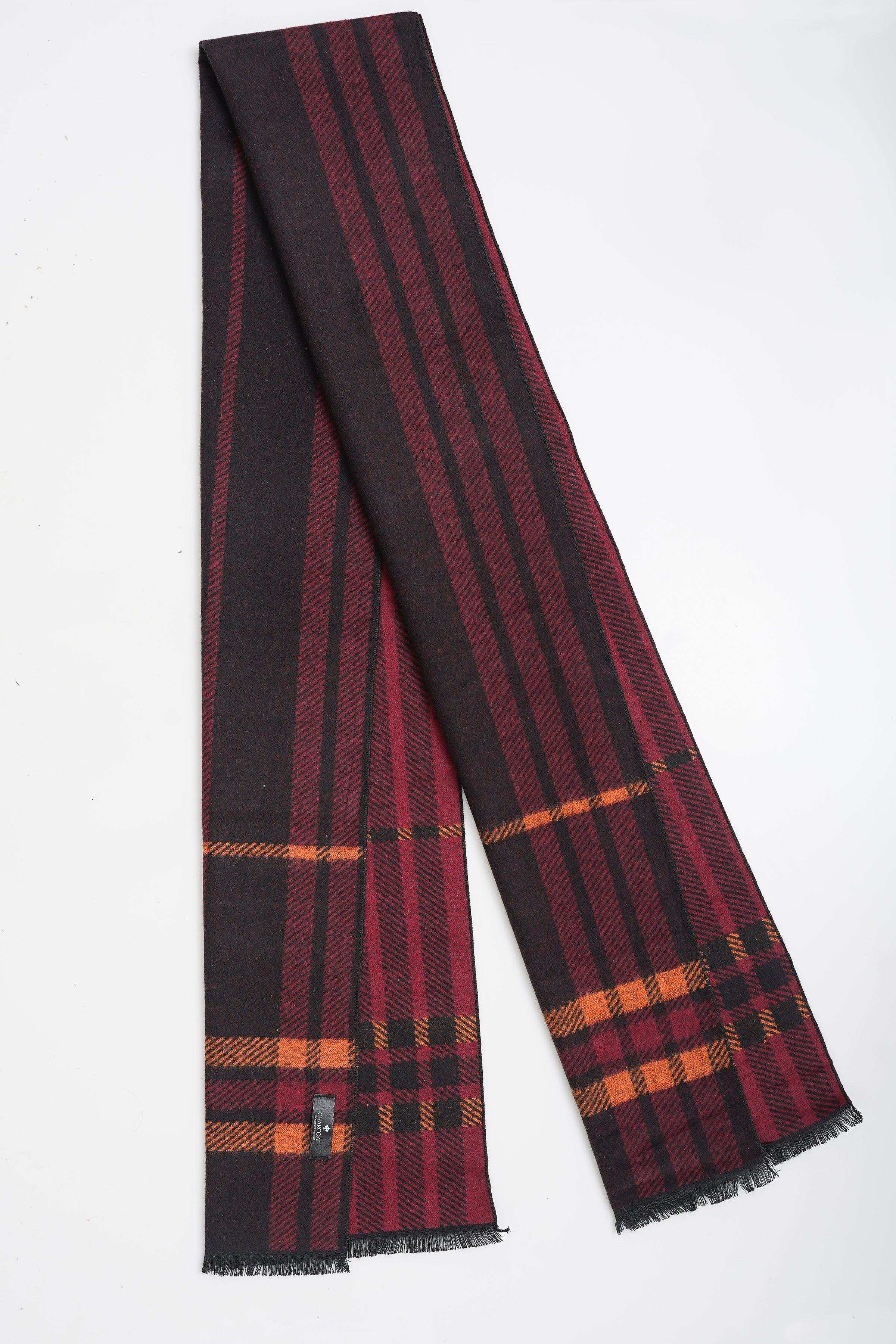 Long plaid scarf in dark navy with burgundy and orange stripes, fringed ends