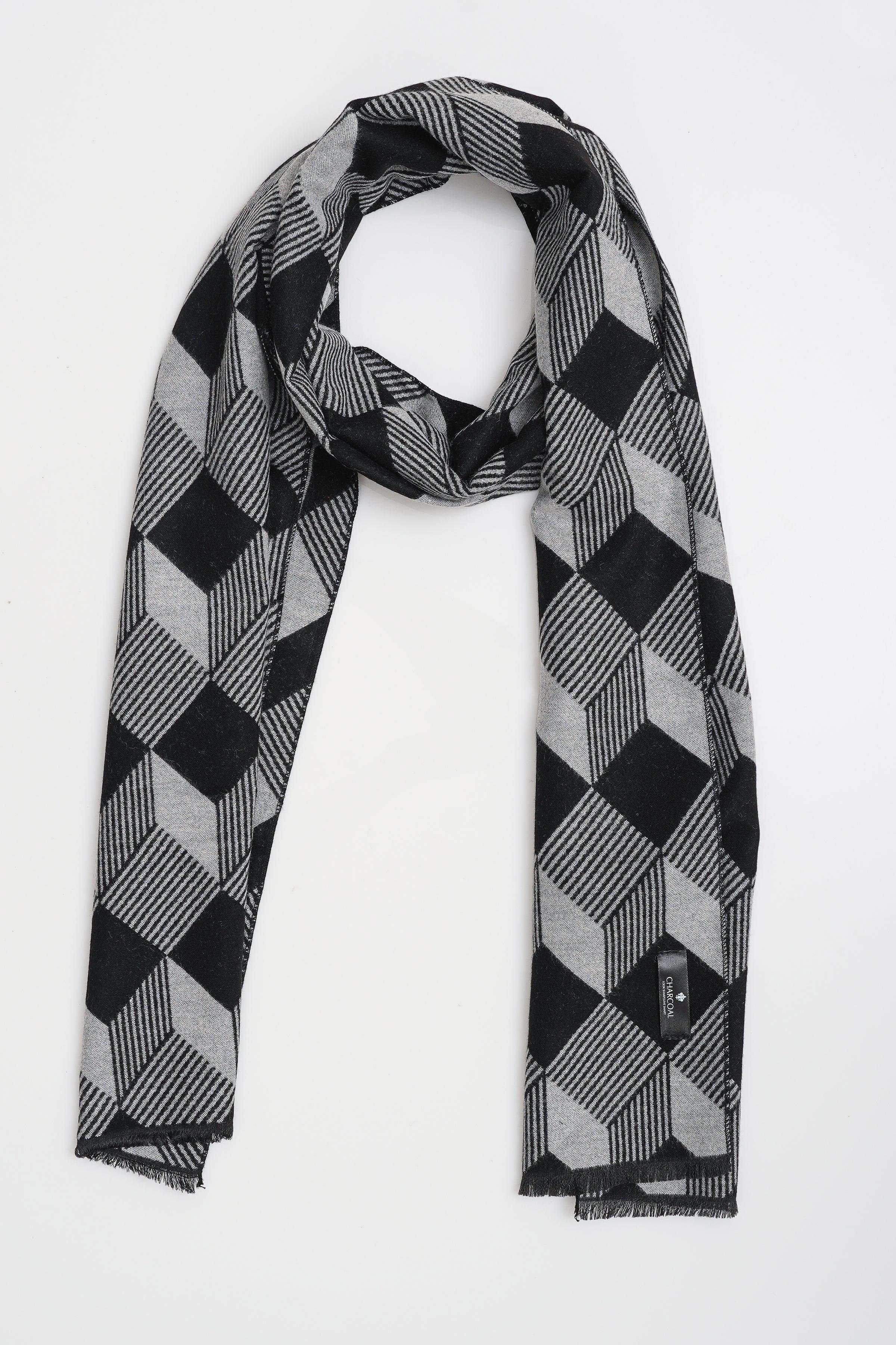 Black and white plaid scarf folded into a loop