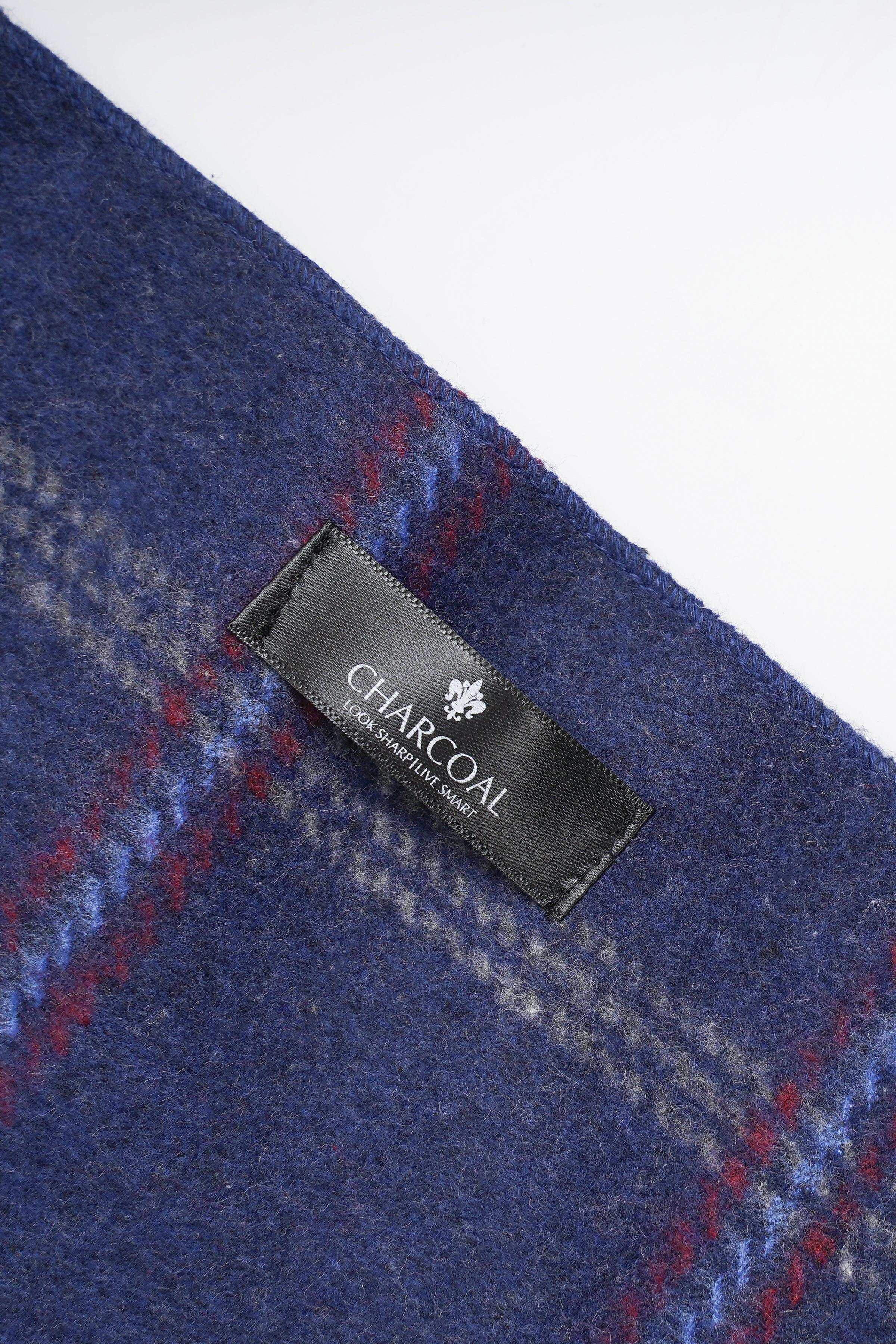 Plaid scarf corner with CHARCOAL fabric label and navy red-gray threads