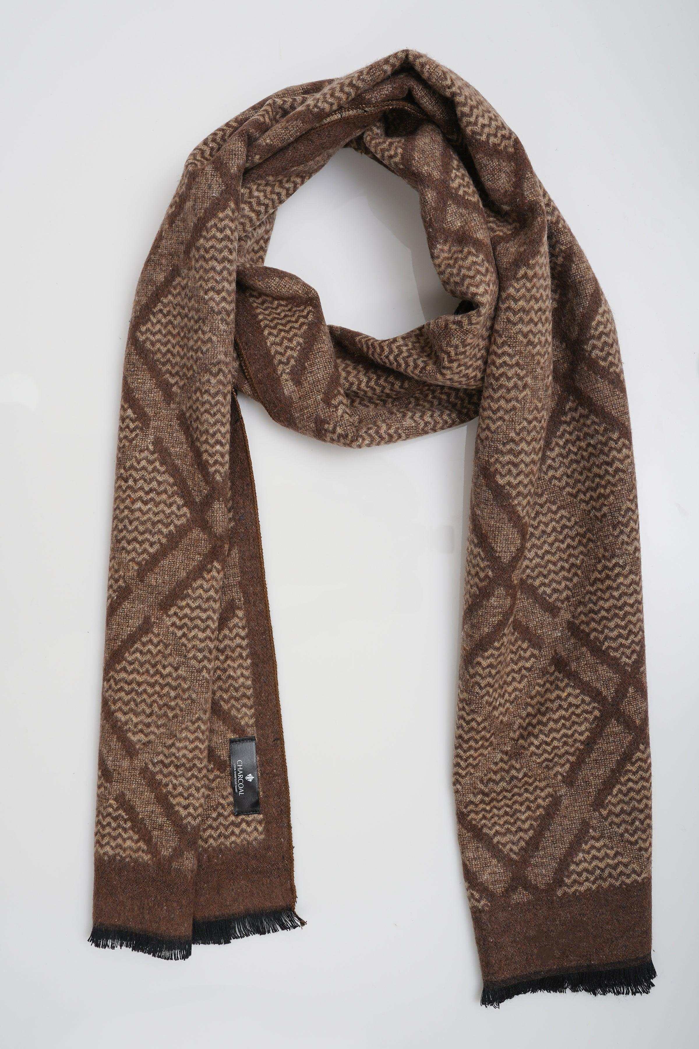 Draped brown scarf with textured diamond pattern and fringed edges