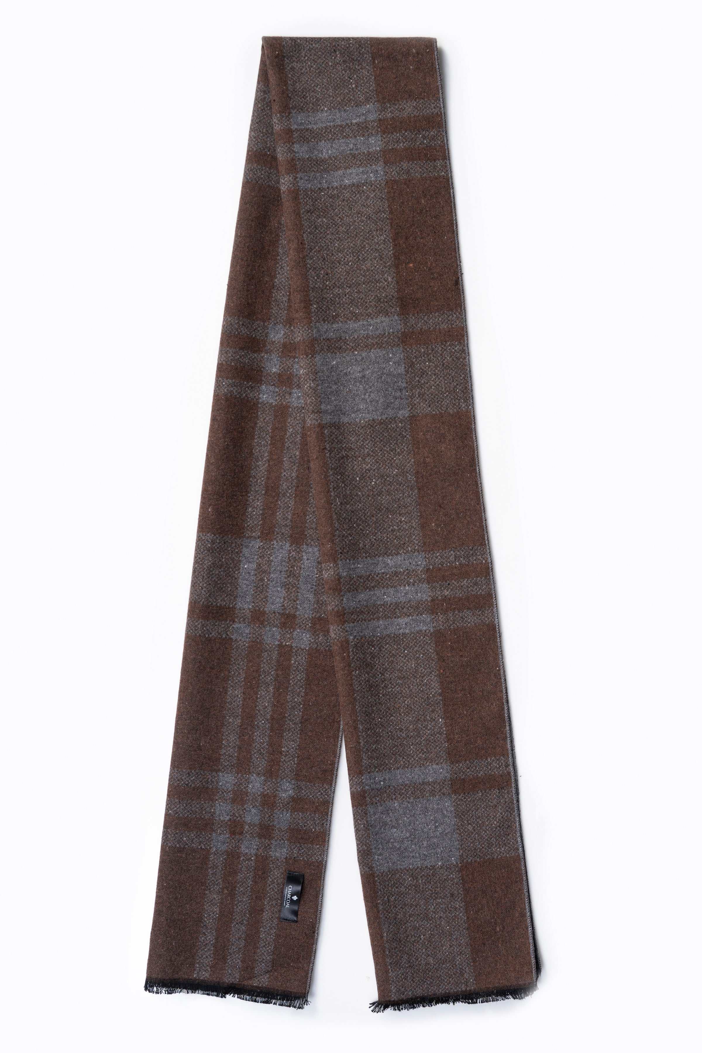 Brown plaid scarf with fringed ends and stitched tag.