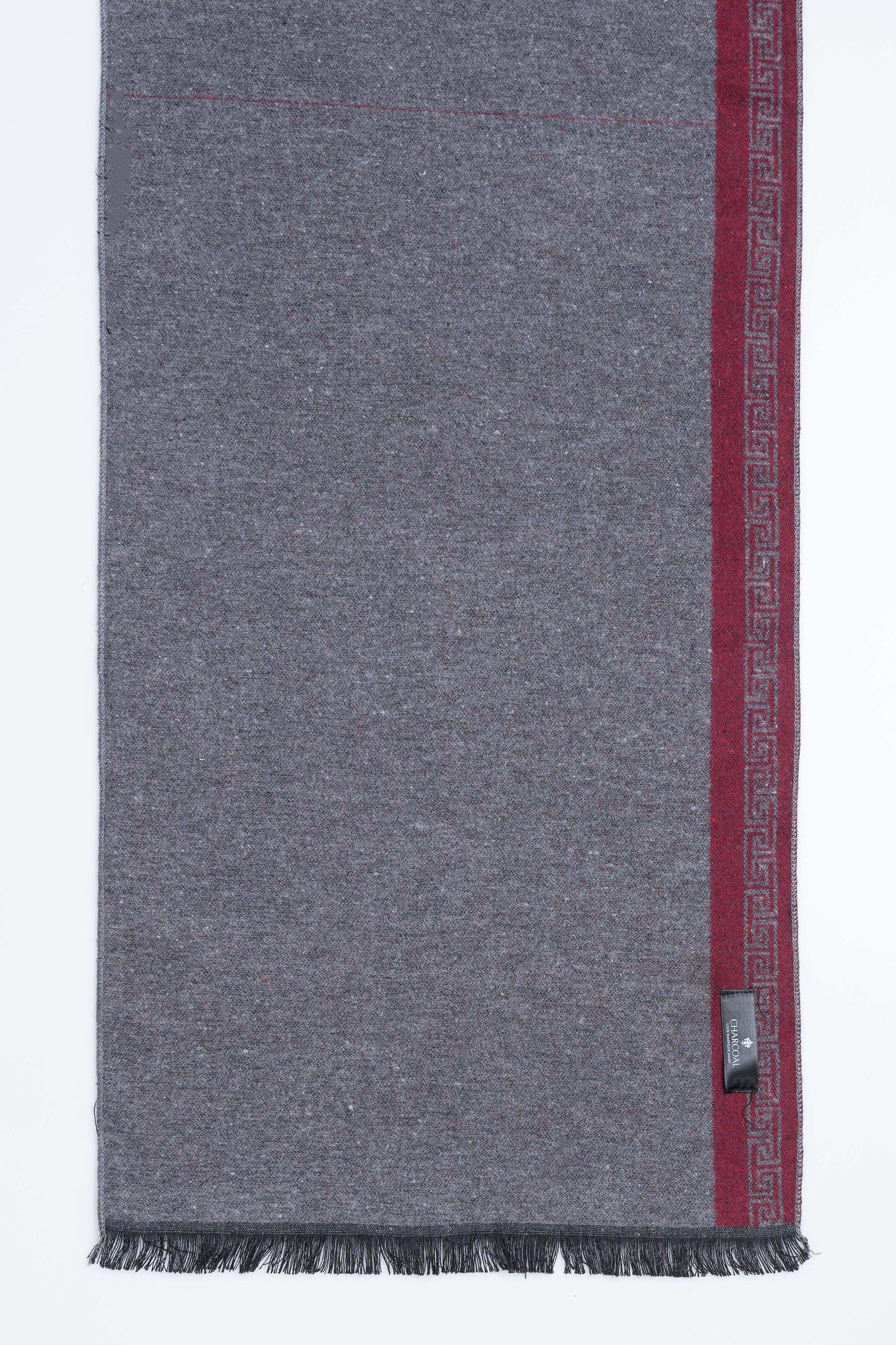 Gray scarf with red woven border and straight fringe edge