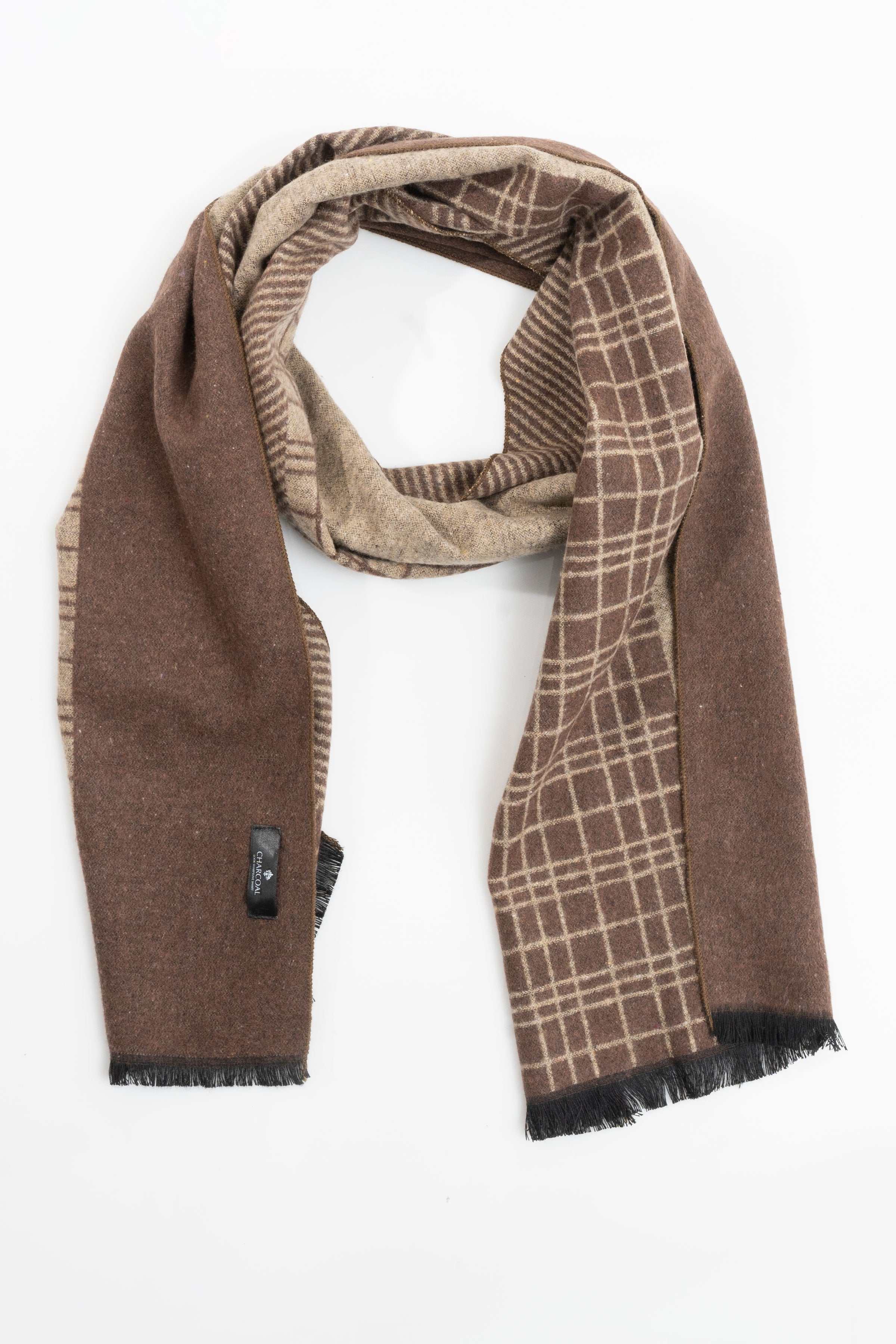 Woven scarf in dark brown with taupe grid panel, looped shape, fringed ends