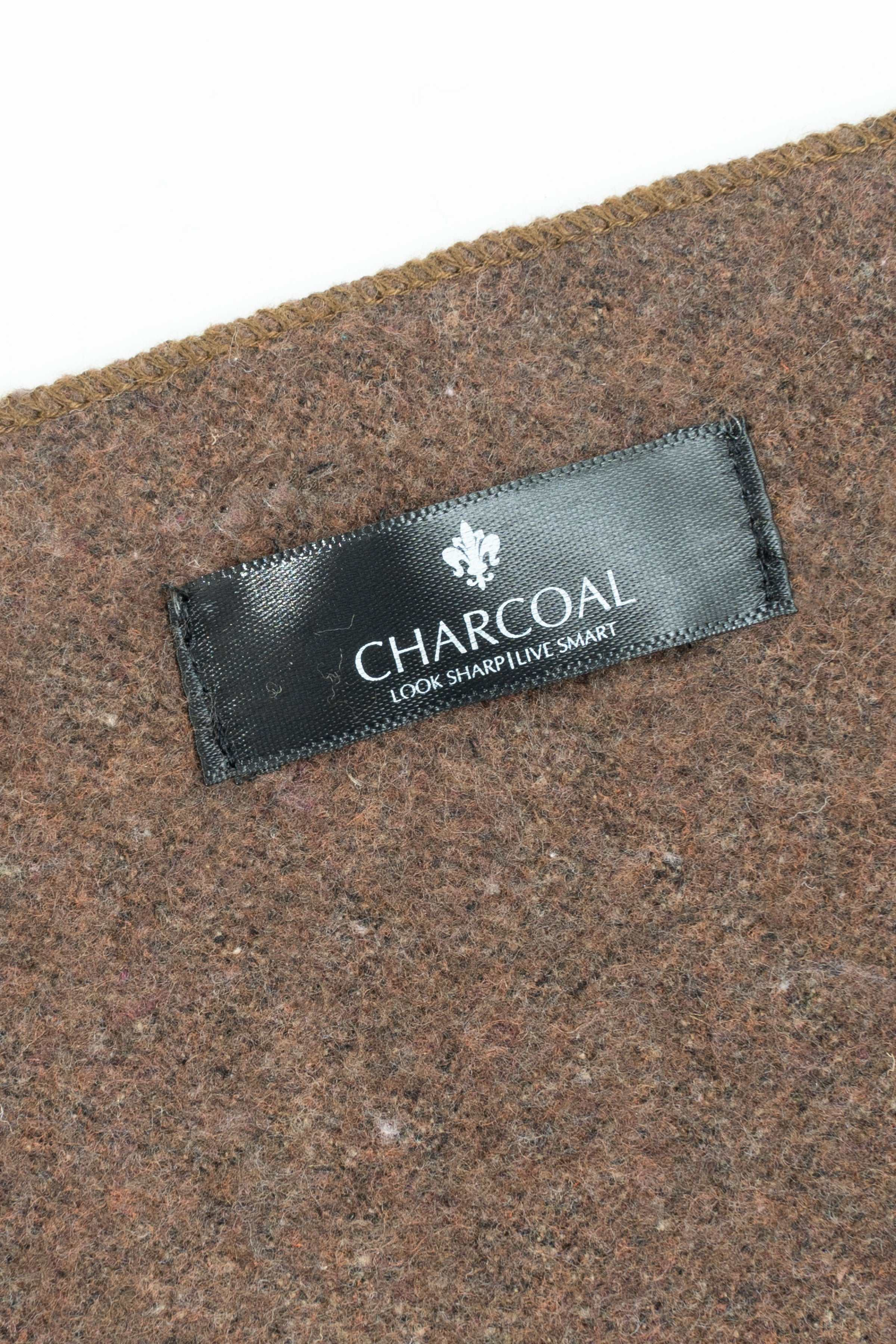 Brown woven scarf with brand label reading CHARCOAL and Look Smart logo tag
