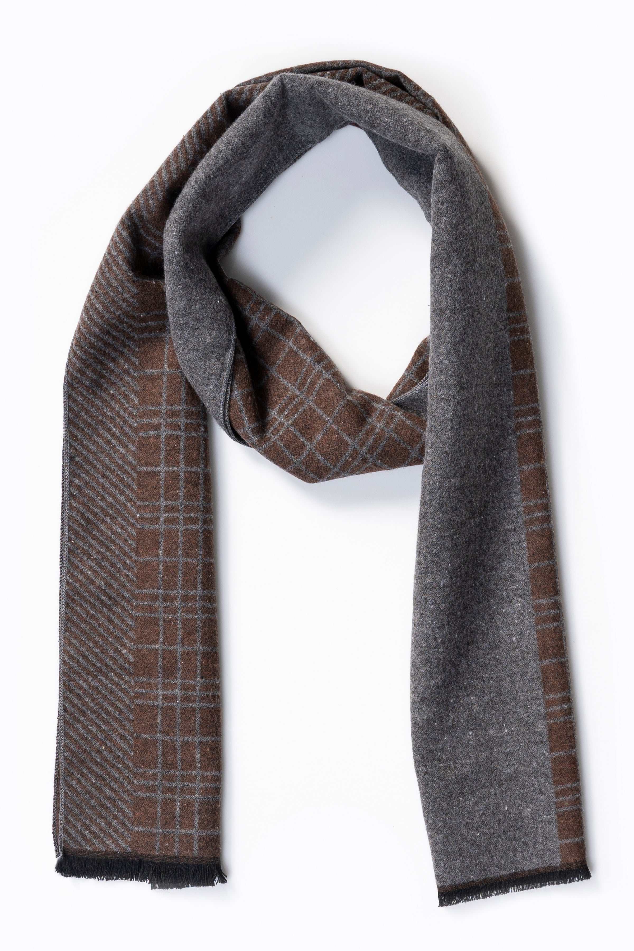 Plaid scarf with dark gray border and fringe trim, woven windowpane pattern