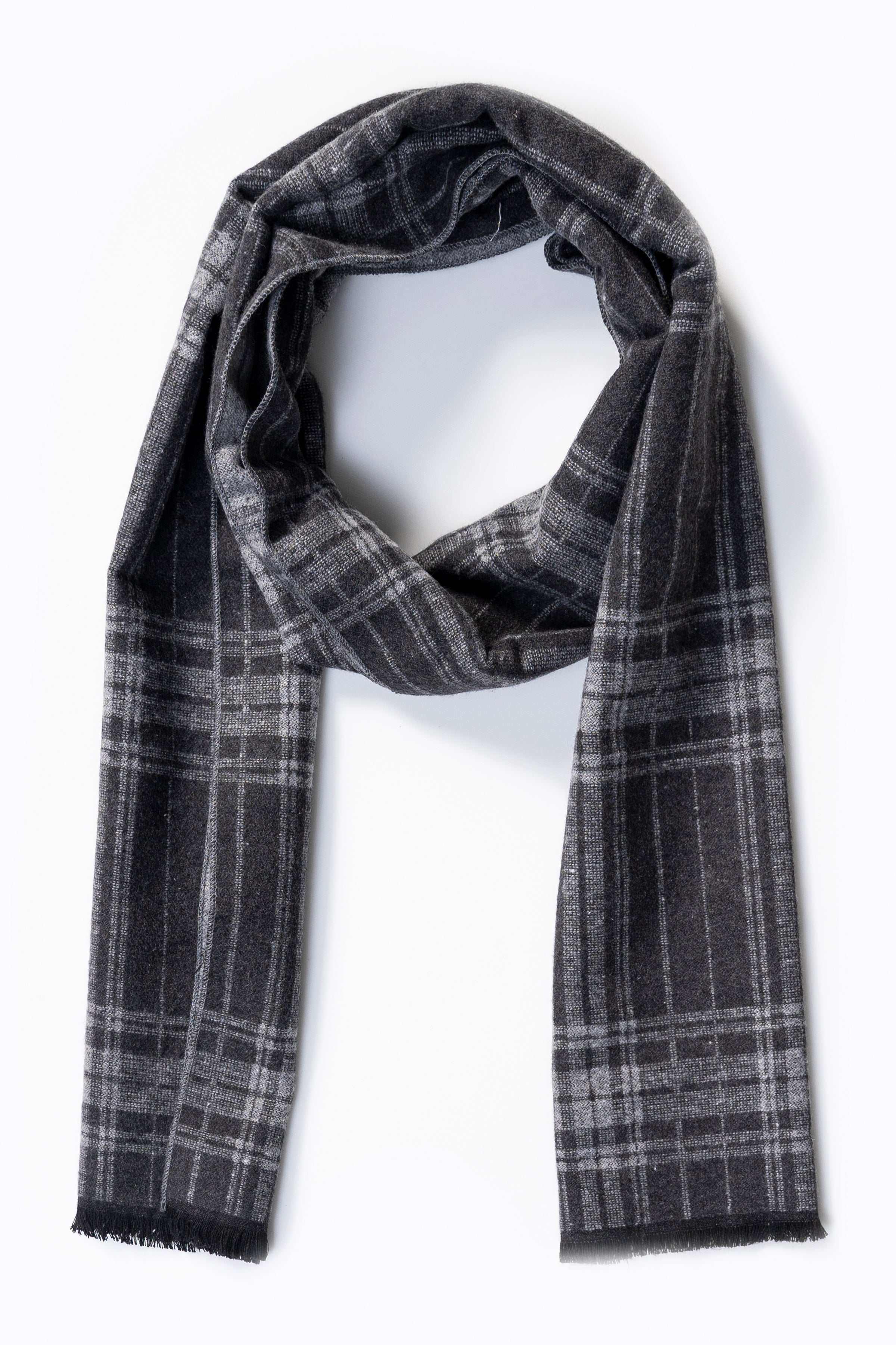 Dark gray plaid scarf with fringed edges and draped loop