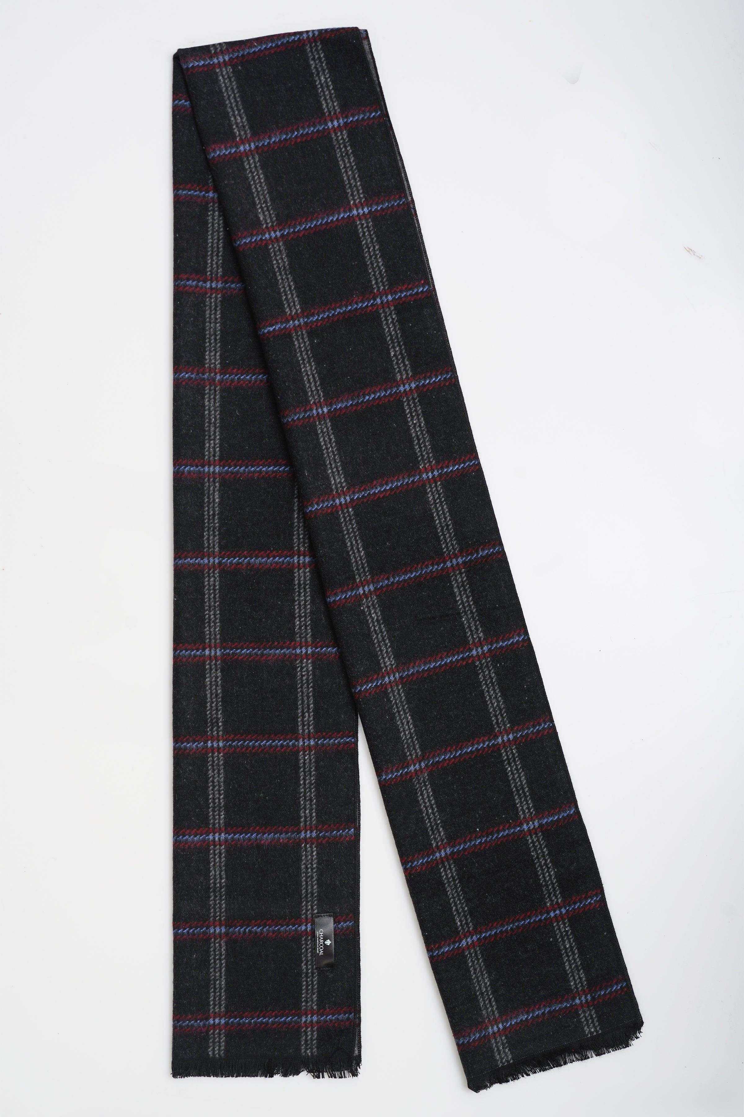 Plaid scarf in dark tones with red and gray grid lines, long ends with stitched tag.
