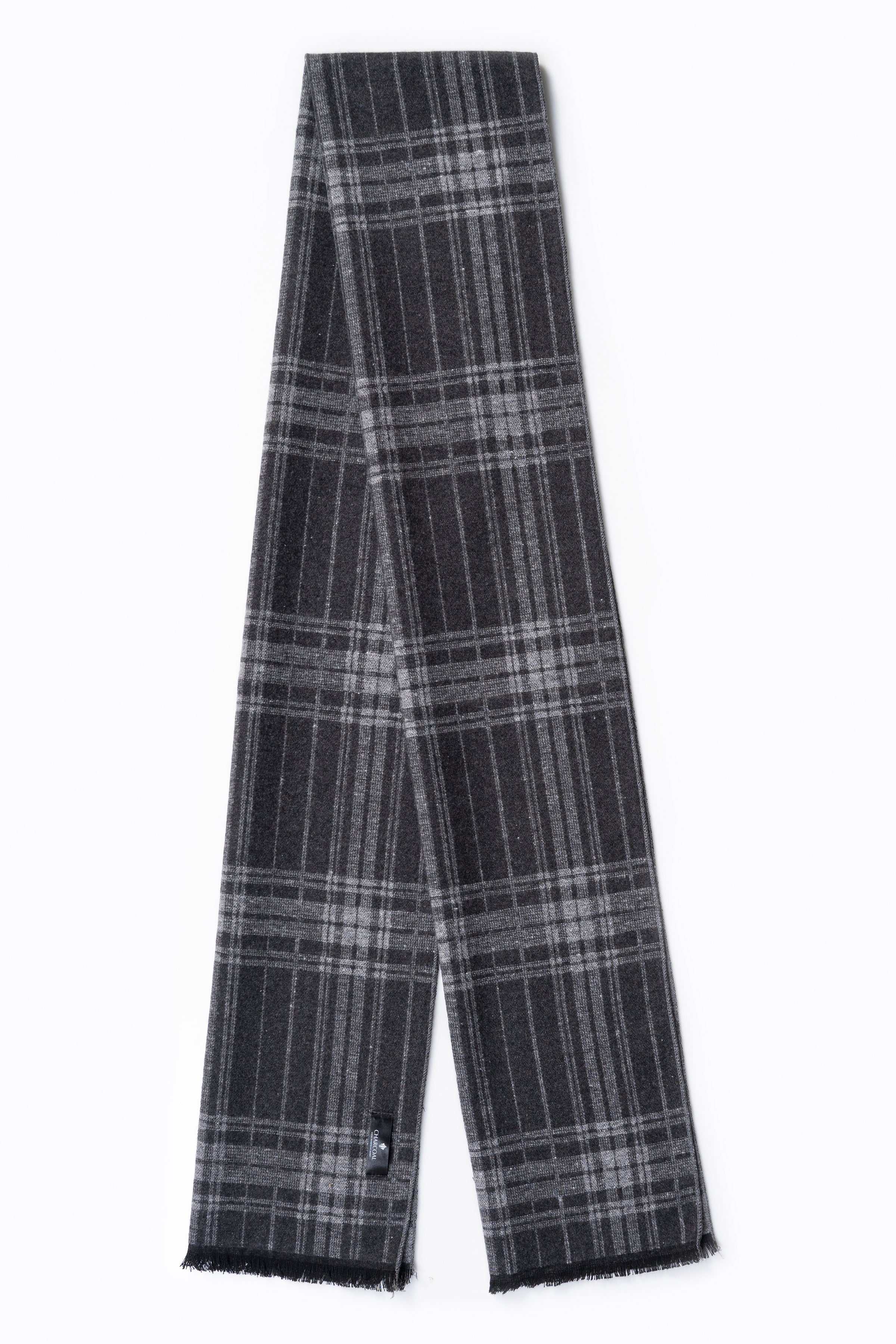 Dark gray plaid scarf with fringed hem, folded display