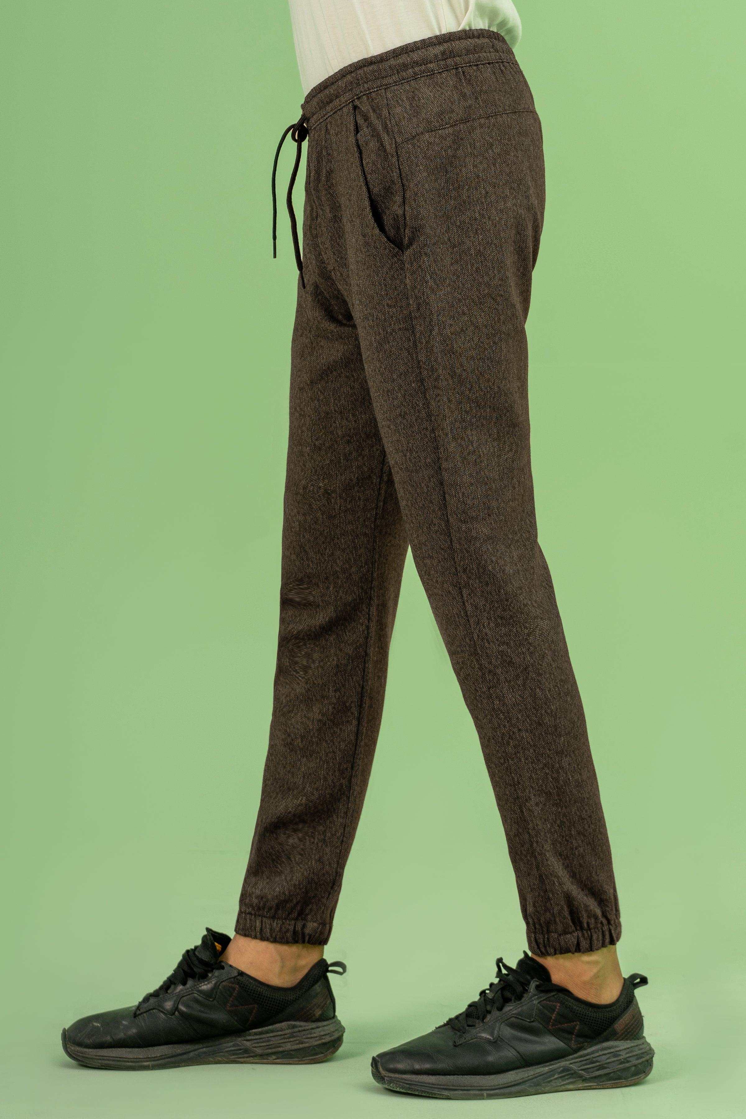 SELF TEXTURED CONTRAST TAPE TROUSER BROWN BLACK at Charcoal Clothing