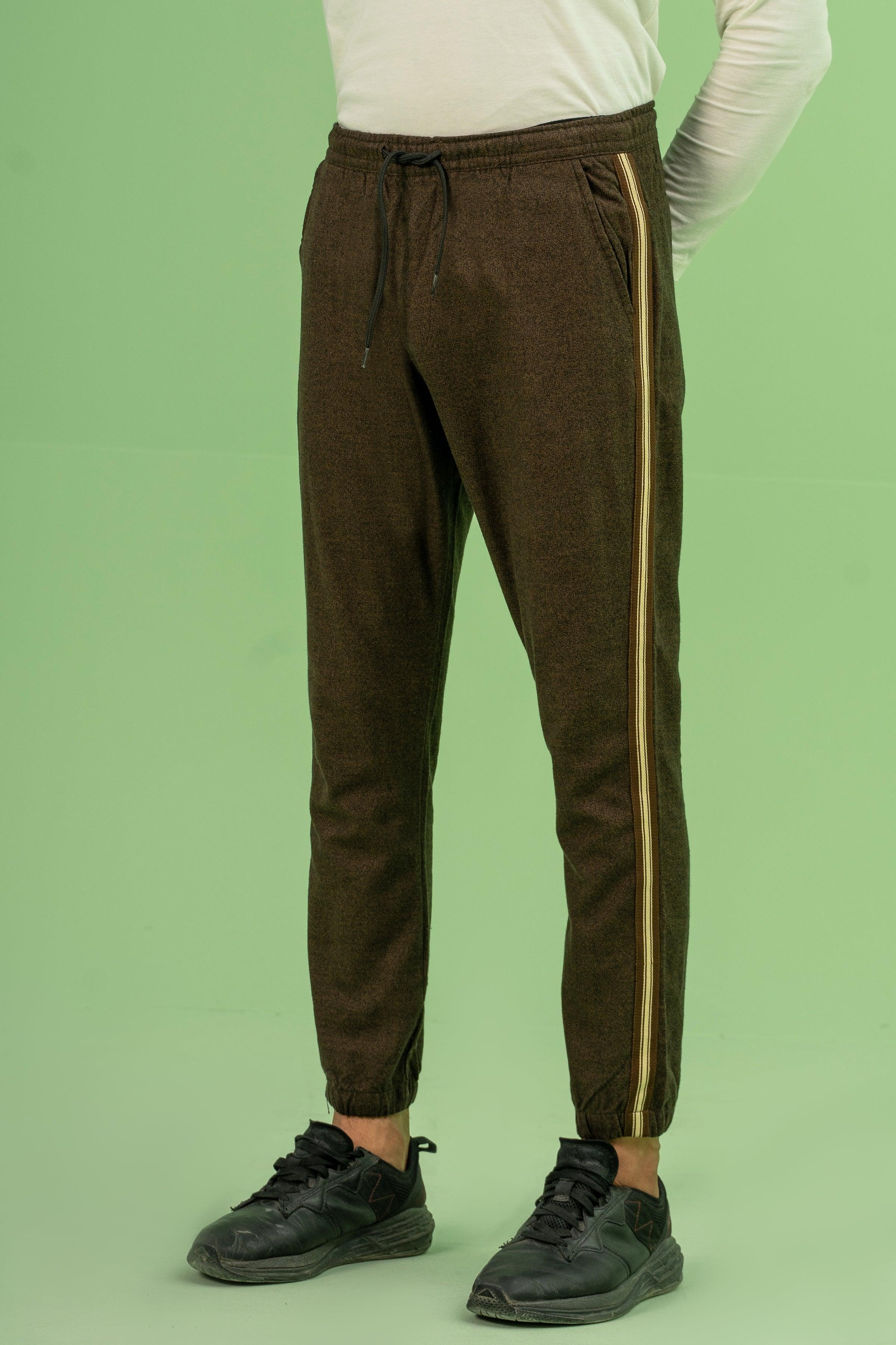 SELF TEXTURED CONTRAST TAPE TROUSER BROWN KHAKI at Charcoal Clothing