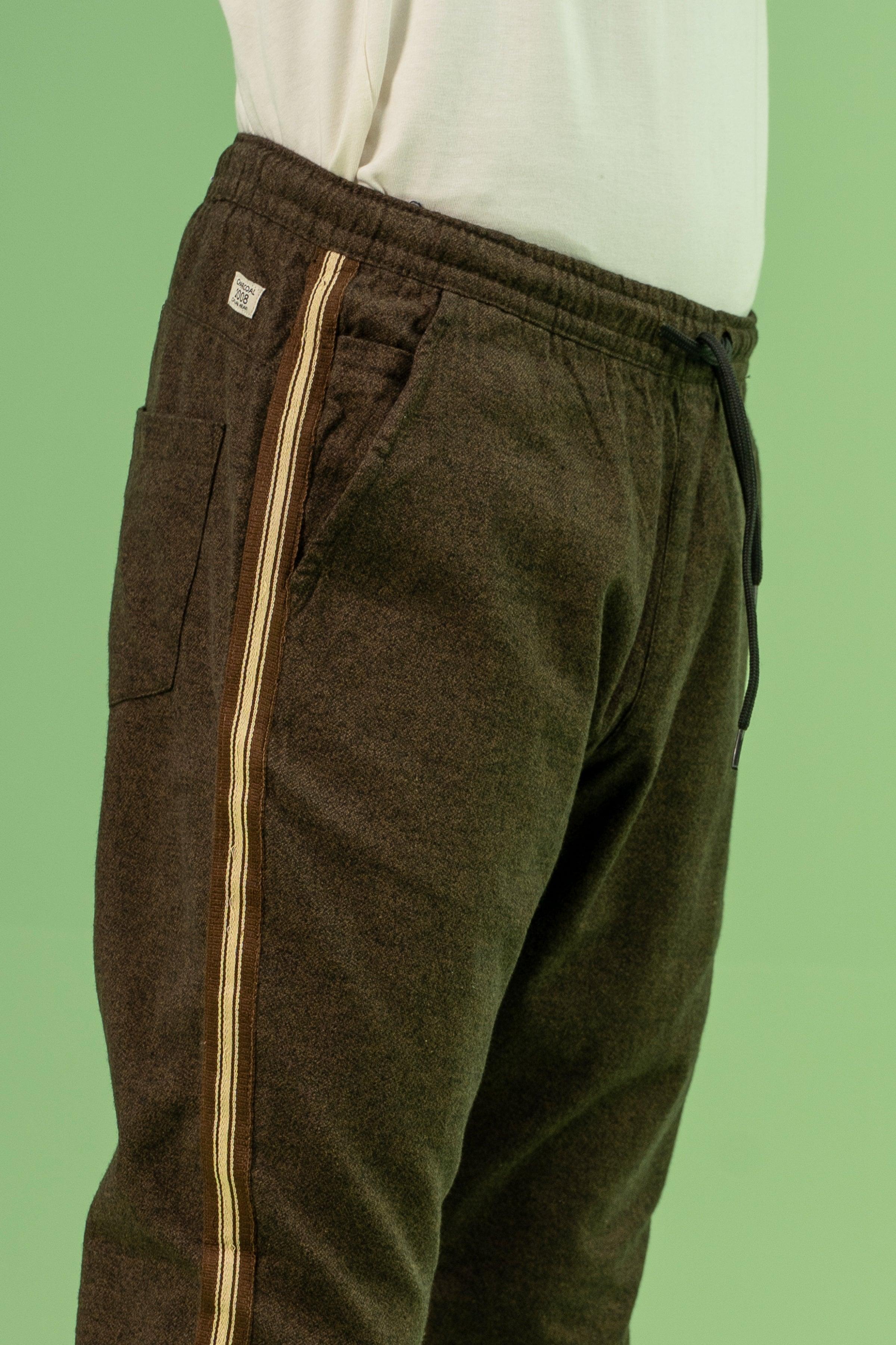 SELF TEXTURED CONTRAST TAPE TROUSER BROWN KHAKI at Charcoal Clothing