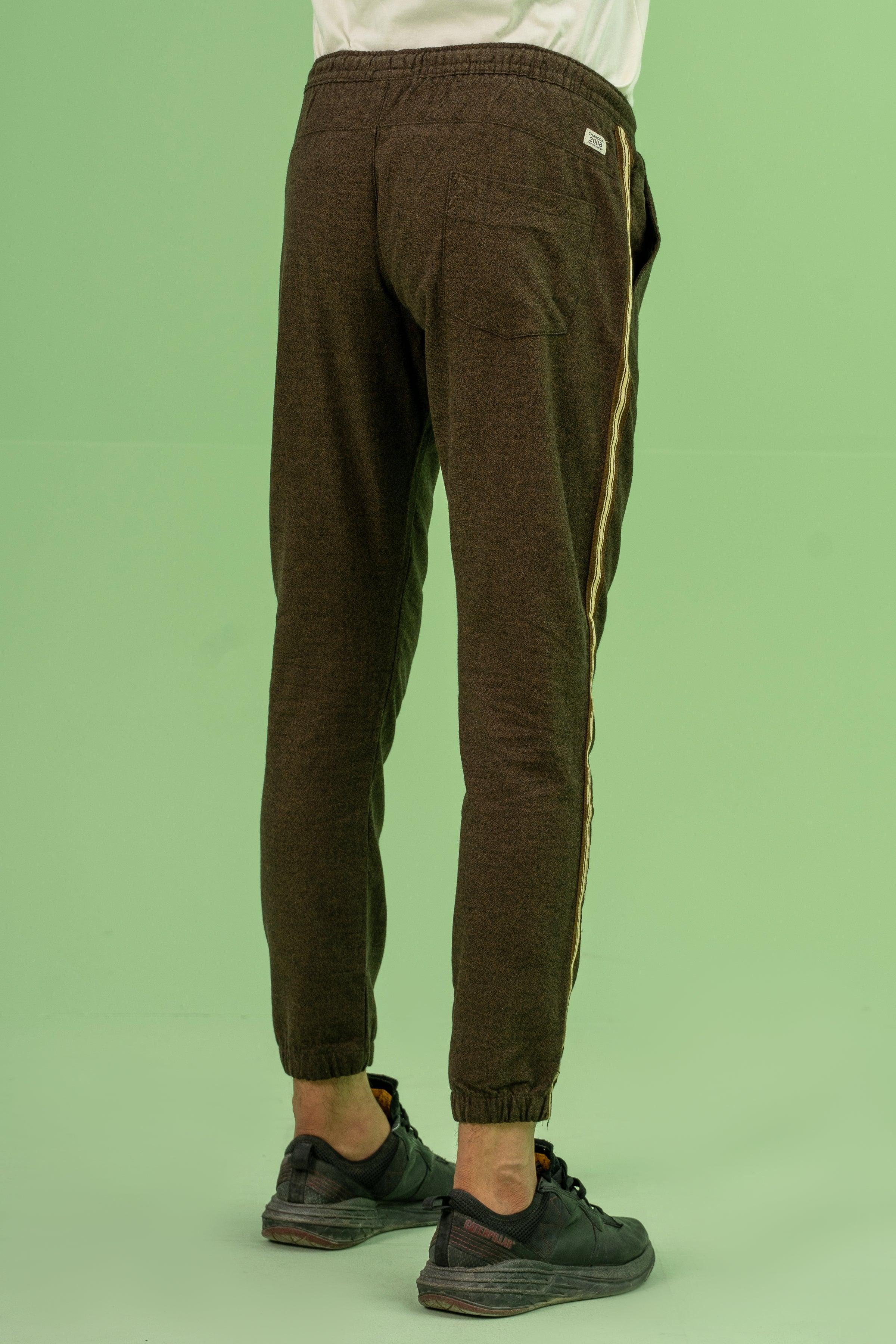 SELF TEXTURED CONTRAST TAPE TROUSER BROWN KHAKI at Charcoal Clothing