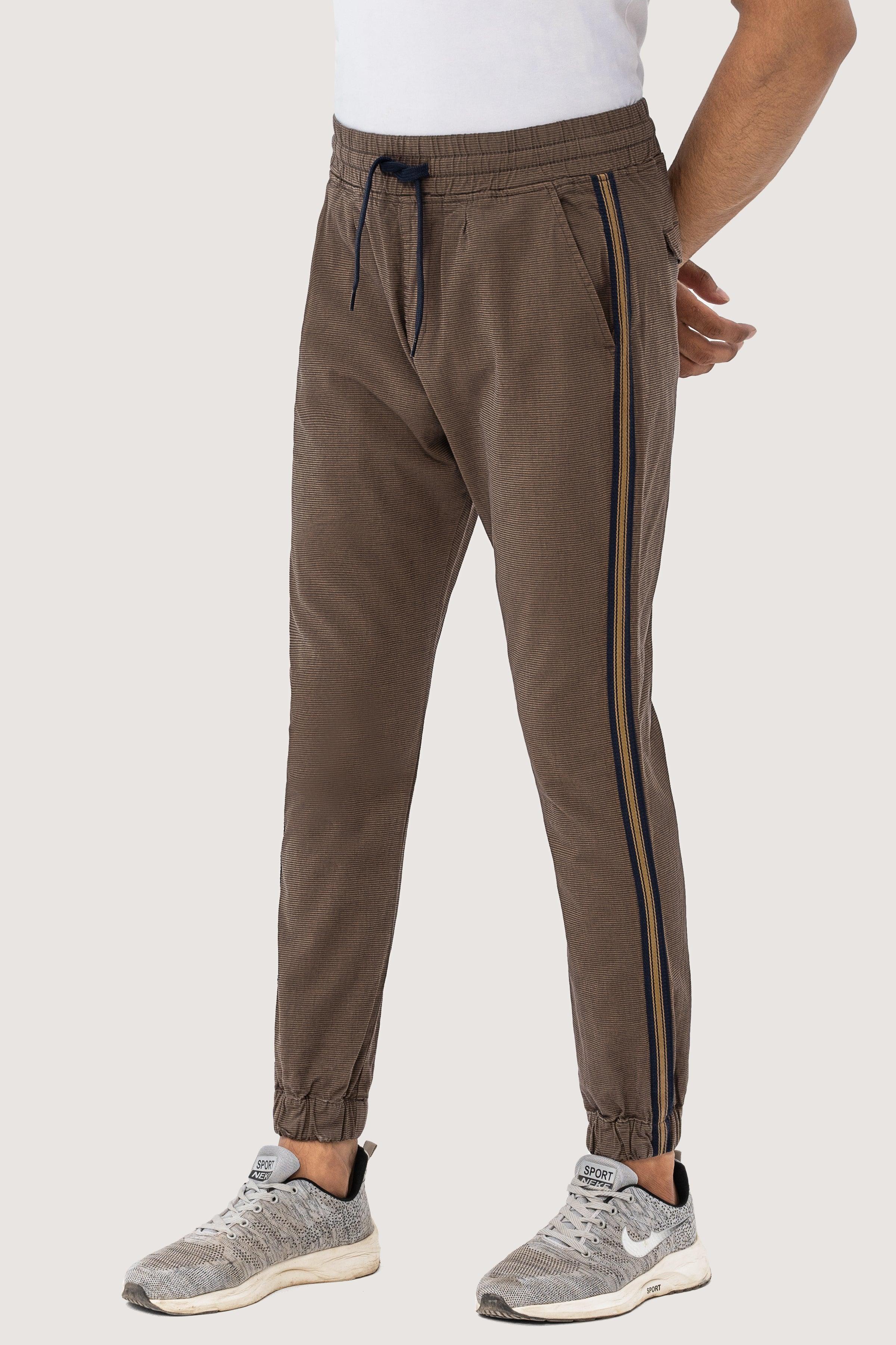 SELF TEXTURED CONTRAST TAPE TROUSER DARK KHAKI at Charcoal Clothing