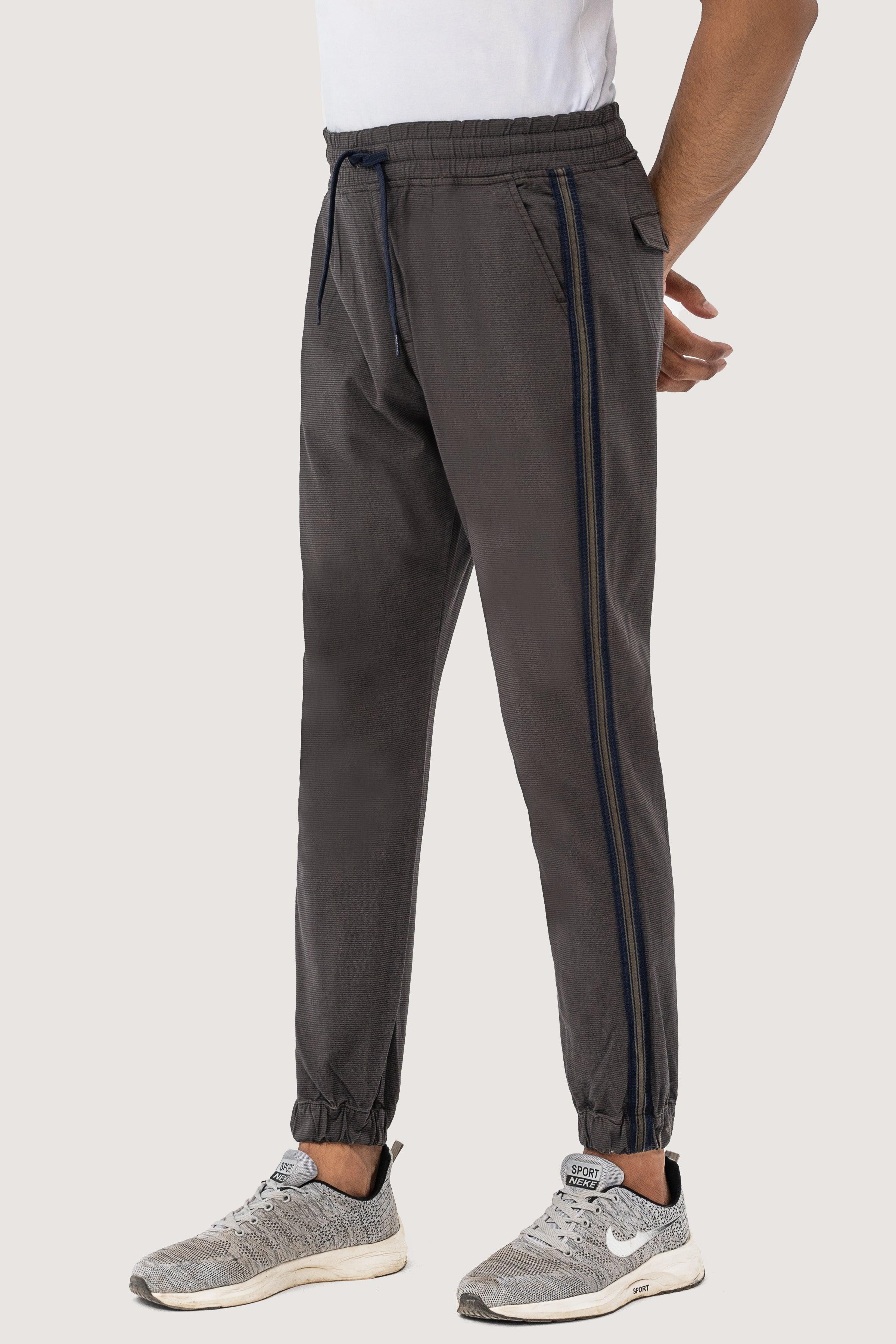 SELF TEXTURED CONTRAST TAPE TROUSER OLIVE at Charcoal Clothing