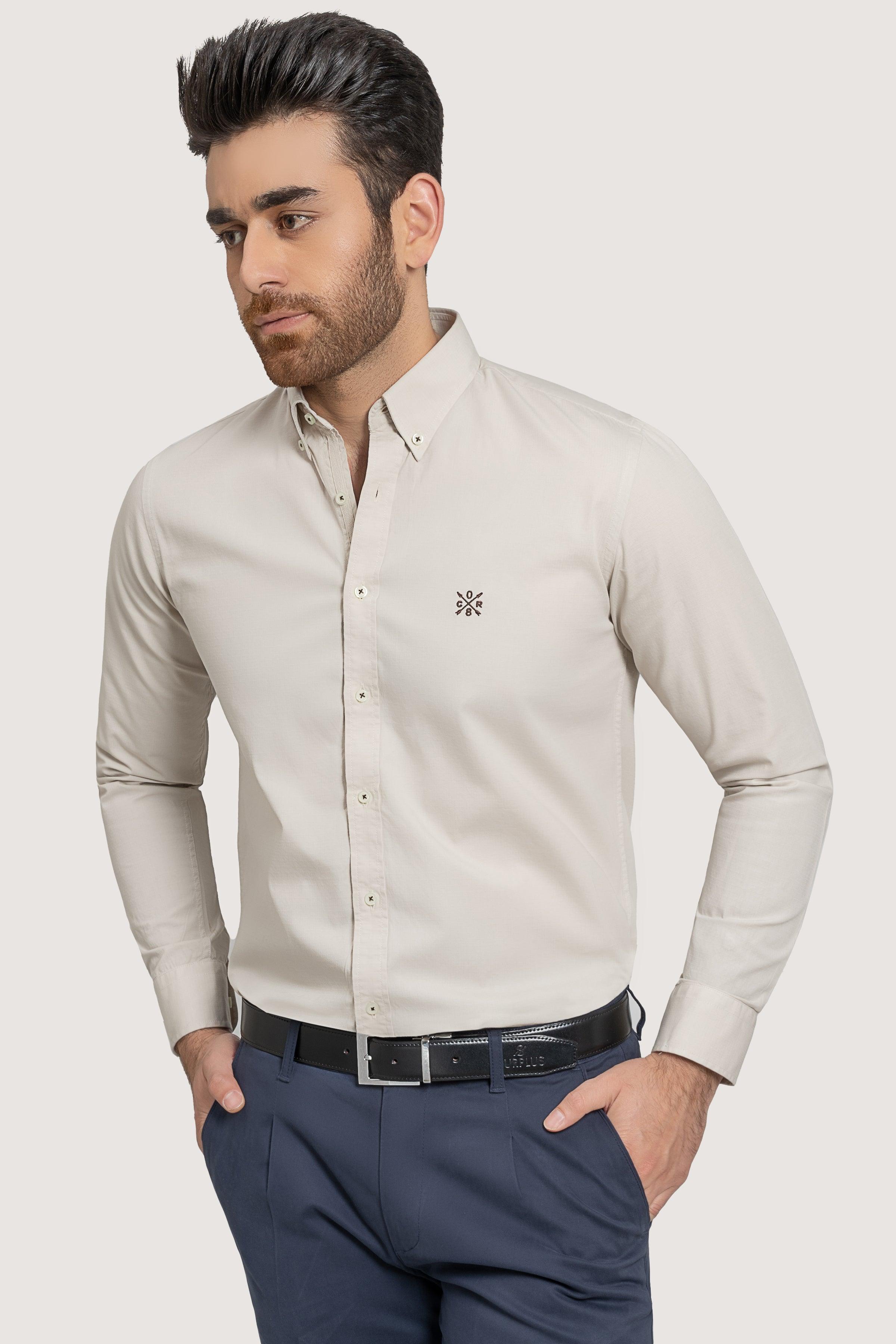 SEMI CASUAL GARMENT DYED SHIRT BEIGE at Charcoal Clothing