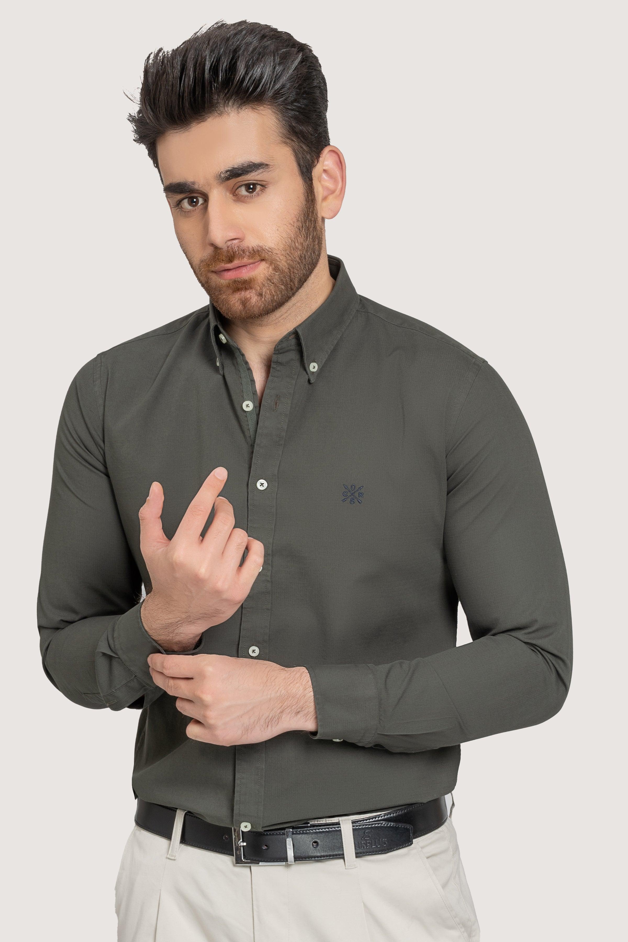 SEMI CASUAL GARMENT DYED SHIRT GREEN at Charcoal Clothing