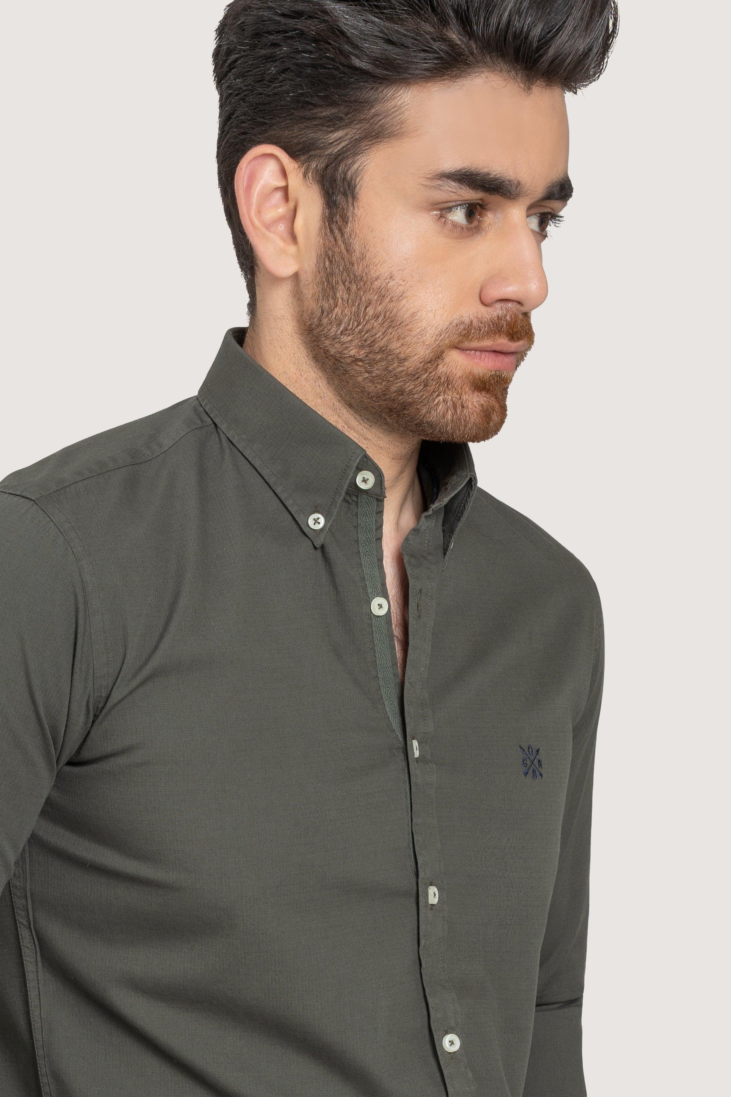 SEMI CASUAL GARMENT DYED SHIRT GREEN at Charcoal Clothing