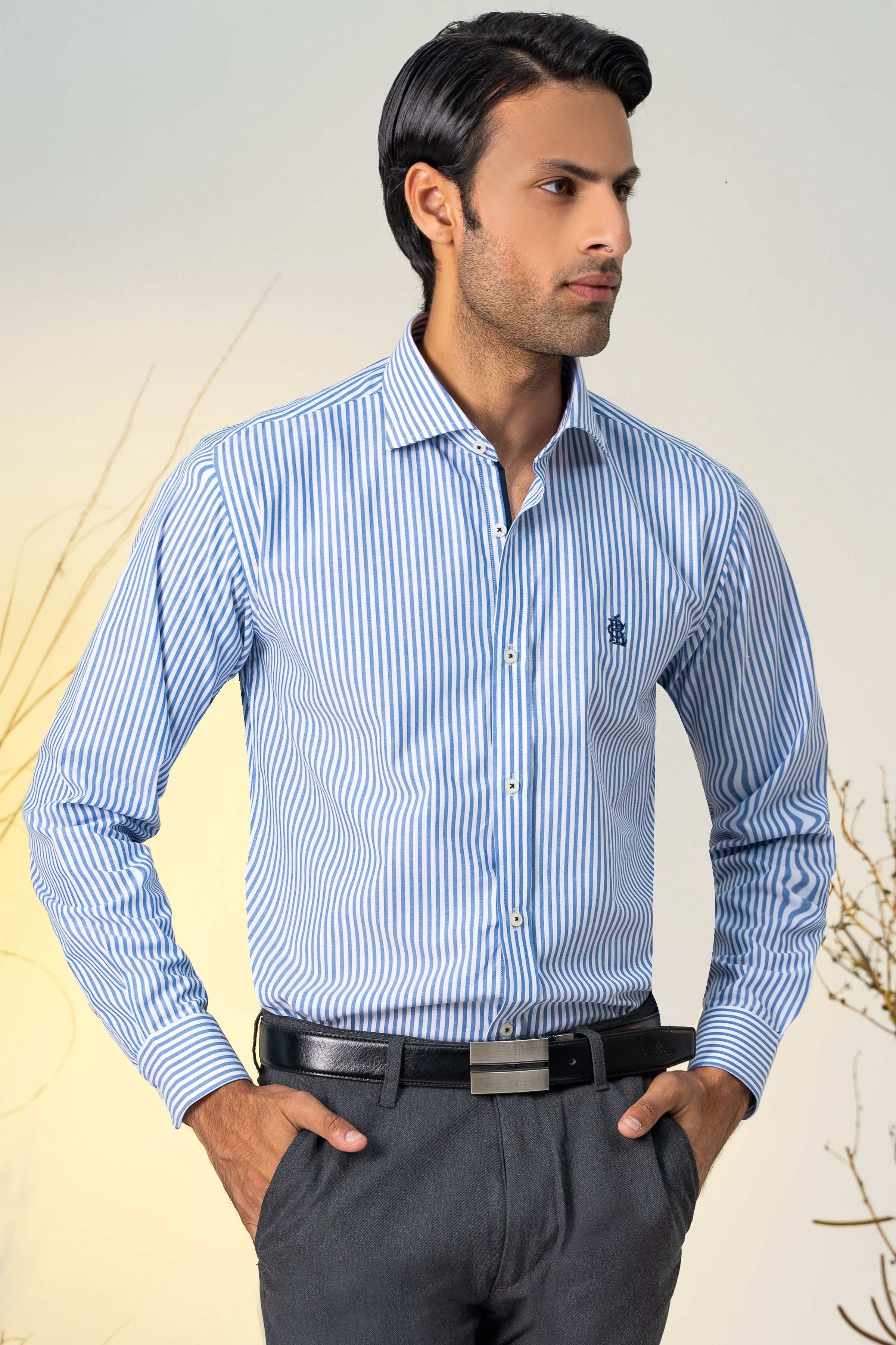 SEMI FORMAL CHAMBRAY BLUE WHITE LINE at Charcoal Clothing