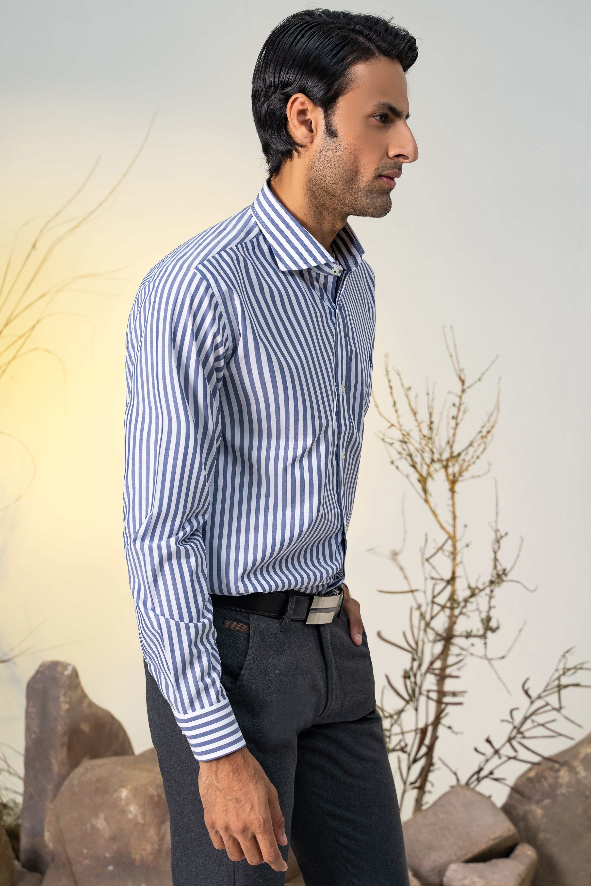 SEMI FORMAL CHAMBRAY BLUE WHITE LINE at Charcoal Clothing