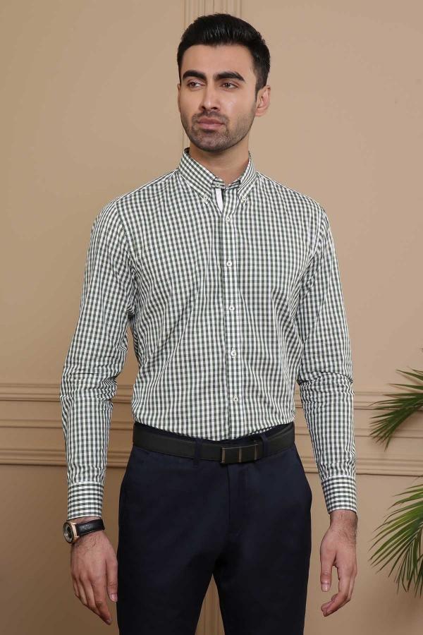 SEMI FORMAL FULL SLEEVE SLIM FIT GREEN WHITE CHECK at Charcoal Clothing