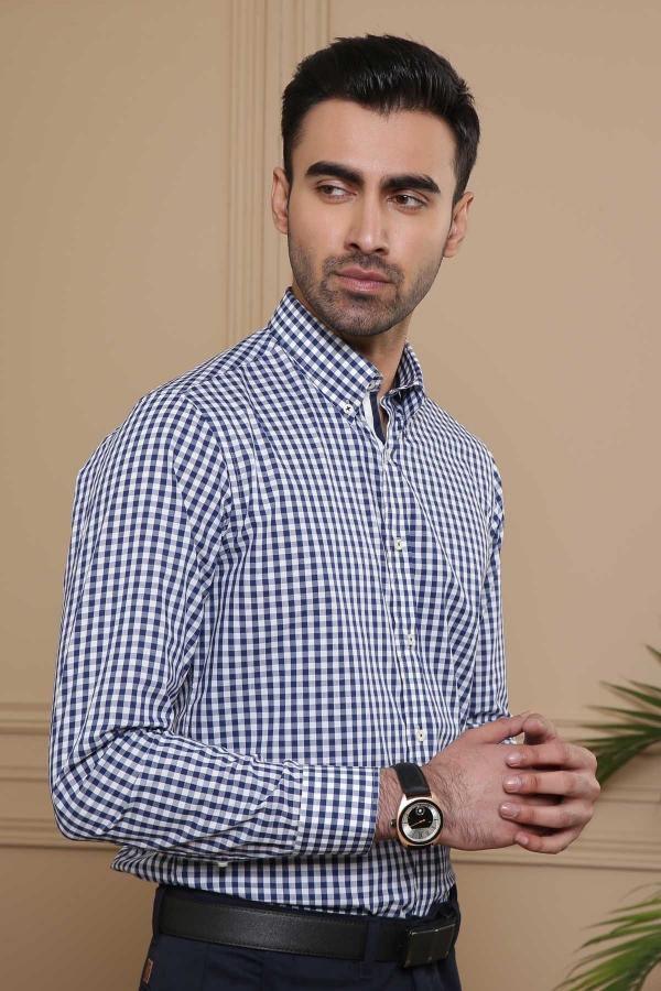 SEMI FORMAL FULL SLEEVE SLIM FIT NAVY WHITE CHECK at Charcoal Clothing