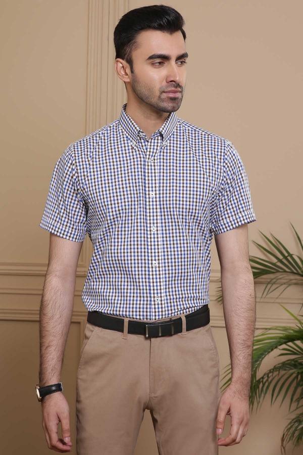 SEMI FORMAL HALF SLEEVE SLIM FIT NAVY WHITE at Charcoal Clothing