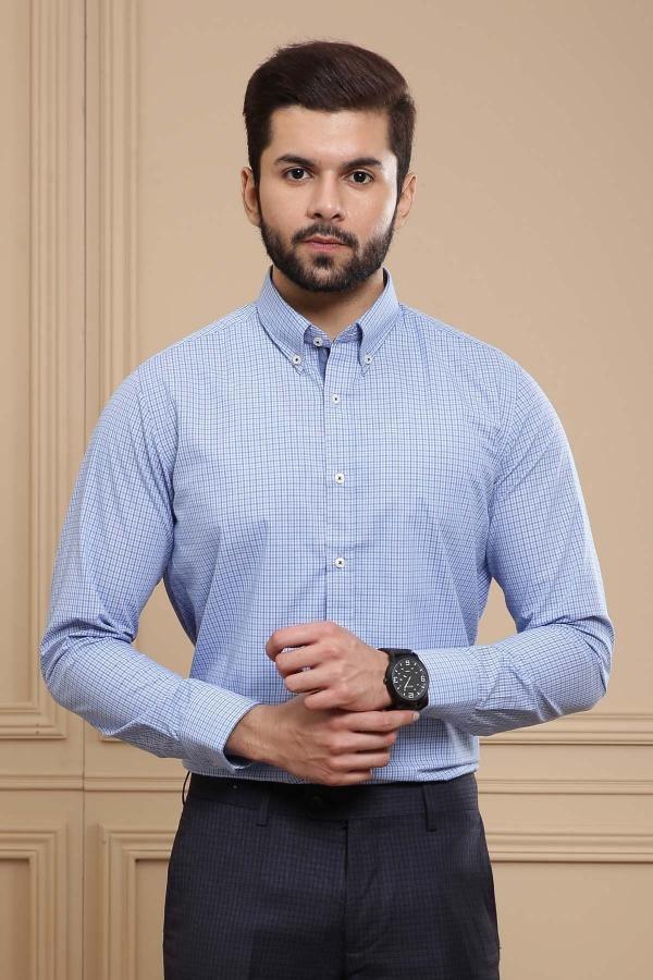 SEMI FORMAL SHIRT BUTTON DOWN FULL SLEEVE SKY BLUE CHECK at Charcoal Clothing