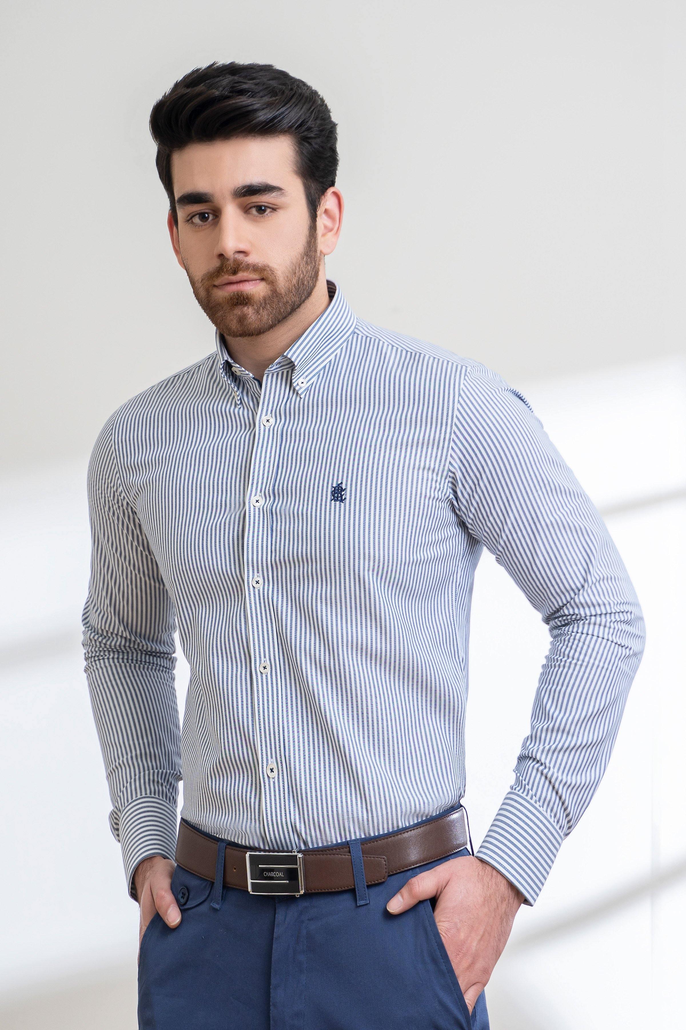 SEMI FORMAL SHIRT FULL SELEEVE  BUTTON DOWN NAVY WHITE at Charcoal Clothing