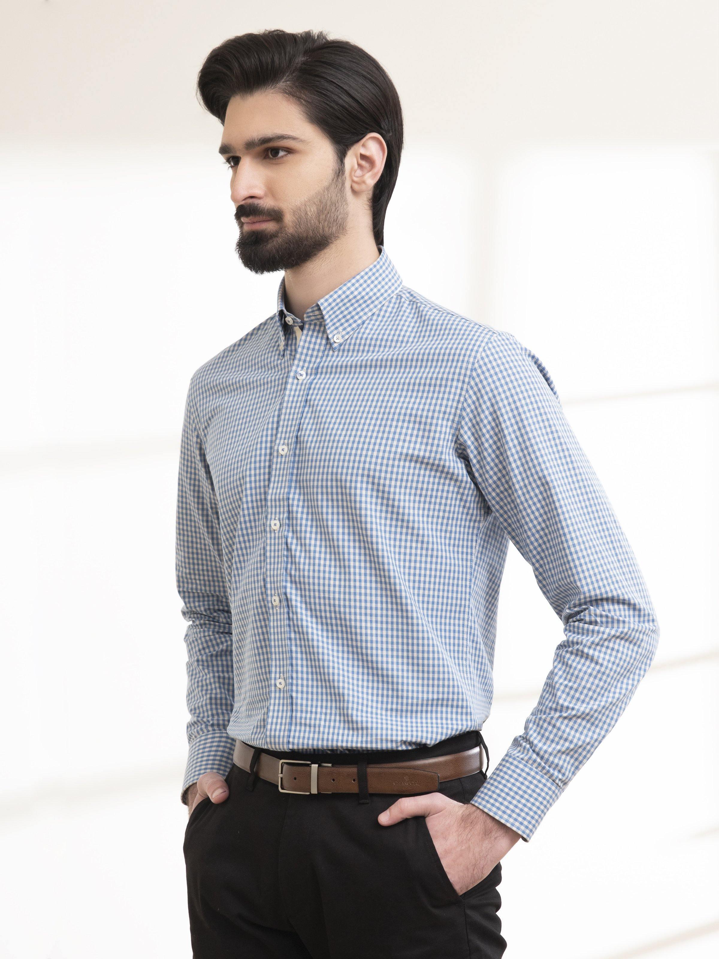 SEMI FORMAL SHIRT FULL SLEEVE BUTTON DOWN BLUE CHECK at Charcoal Clothing