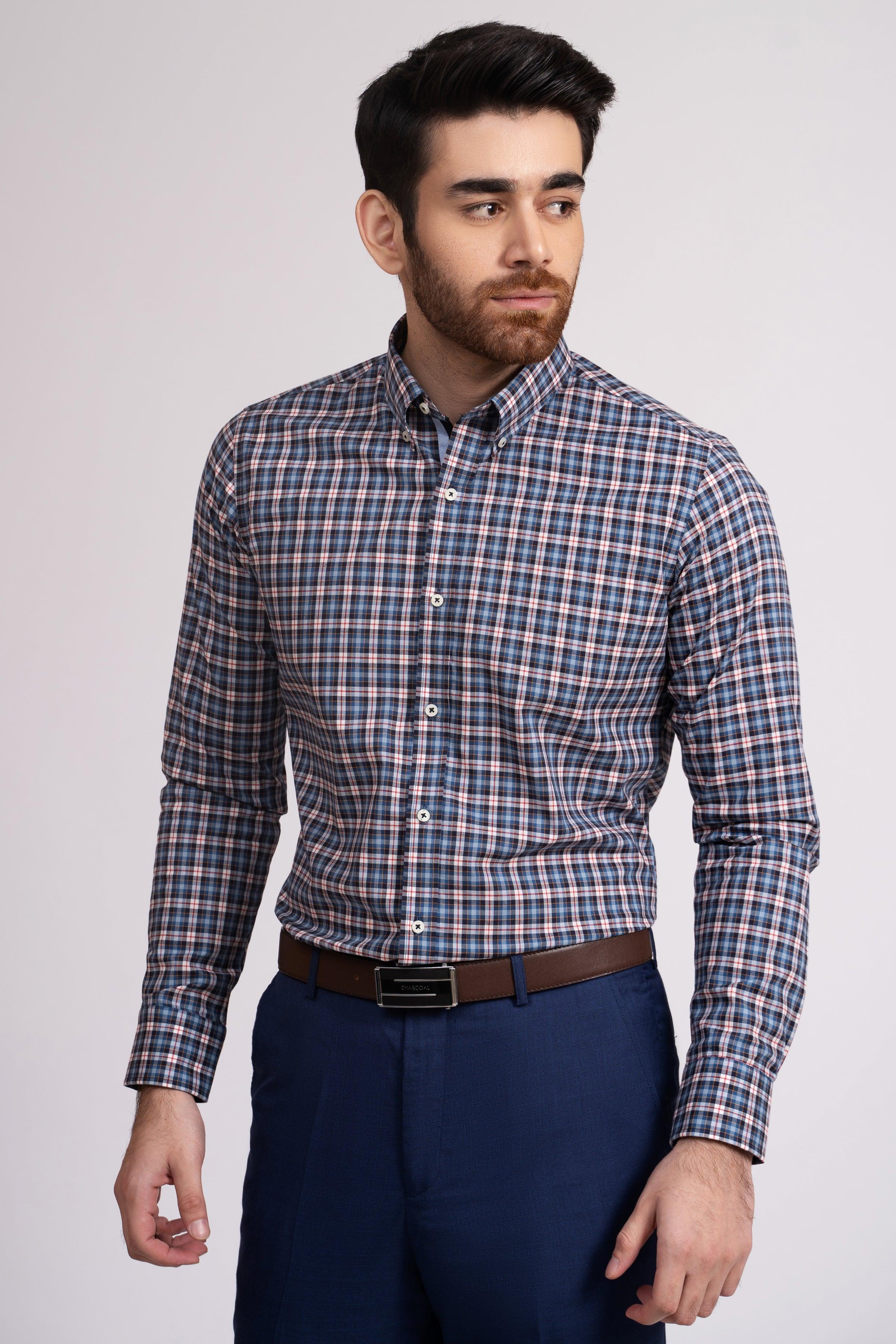 SEMI FORMAL SHIRT NAVY PLAID CHECK at Charcoal Clothing