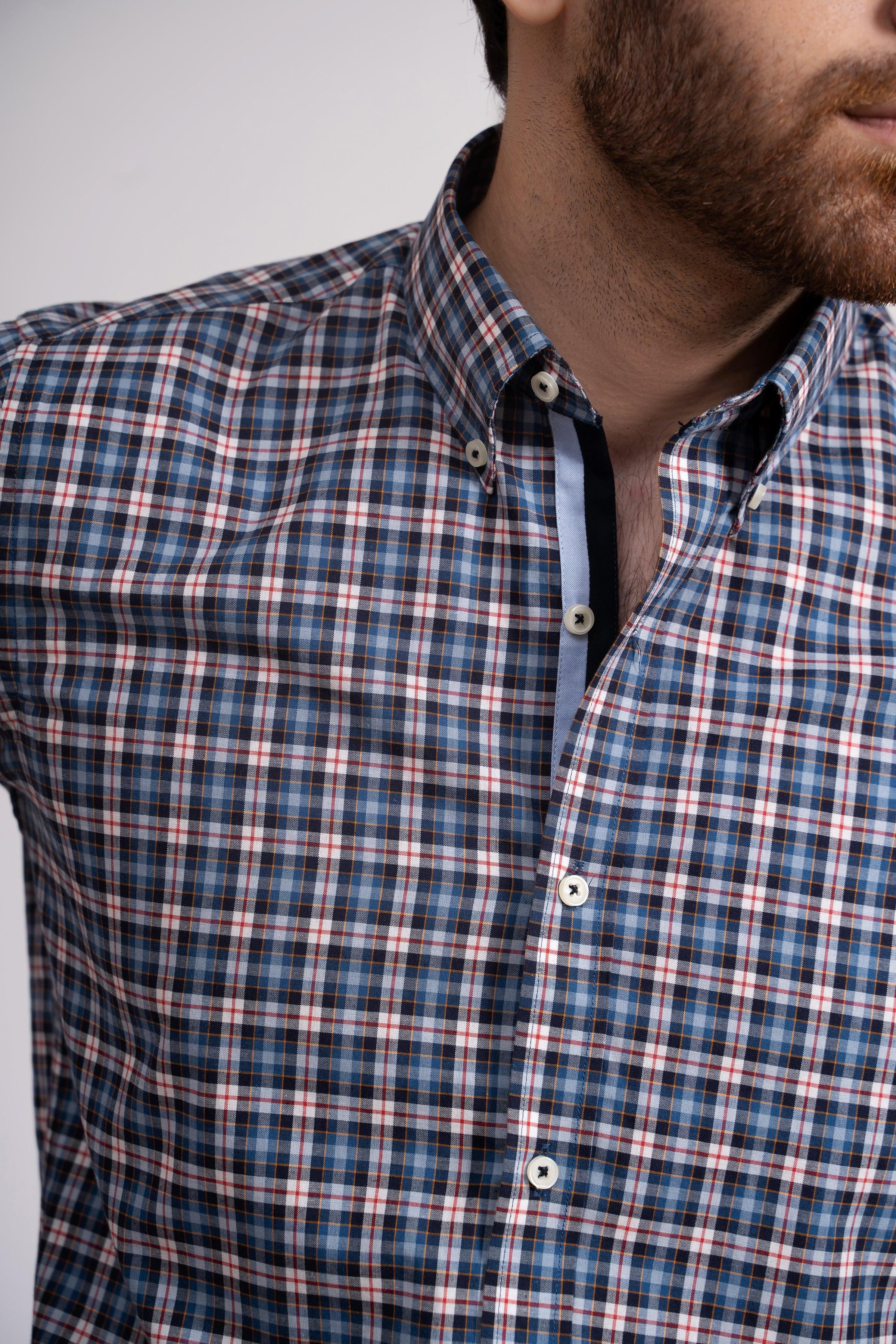 SEMI FORMAL SHIRT NAVY PLAID CHECK at Charcoal Clothing