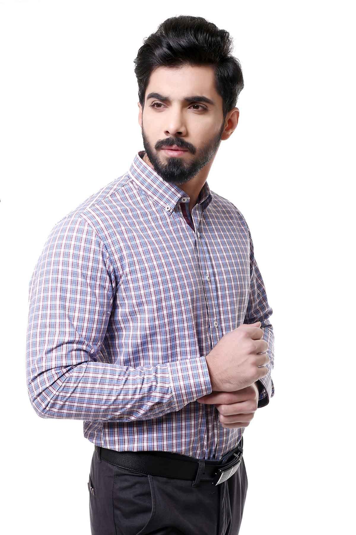 SEMI FORMAL SHIRTS BUTTON DOWN FULL SLEEVE BLUE GREY at Charcoal Clothing