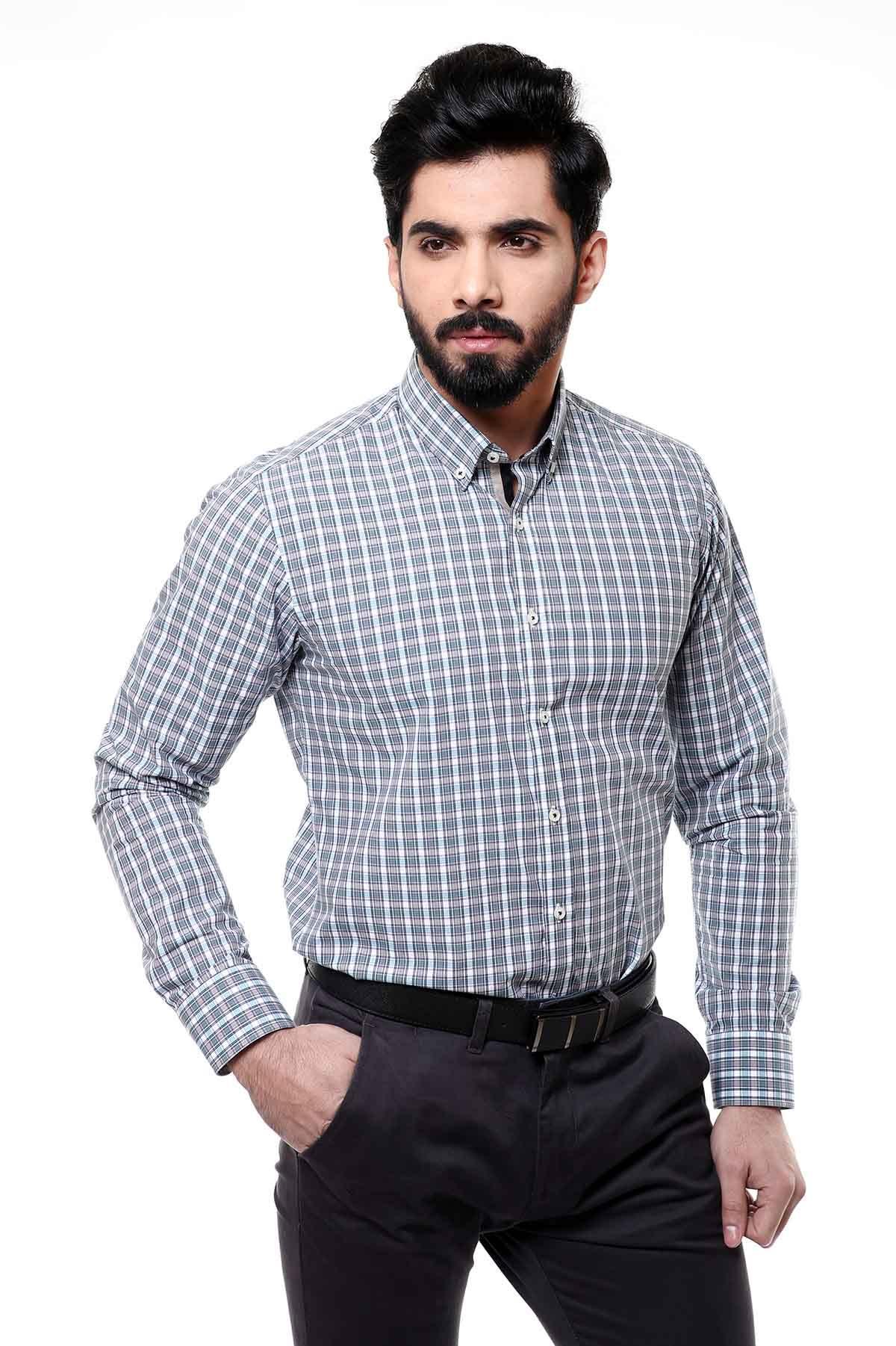 SEMI FORMAL SHIRTS BUTTON DOWN FULL SLEEVE GREEN WHITE at Charcoal Clothing