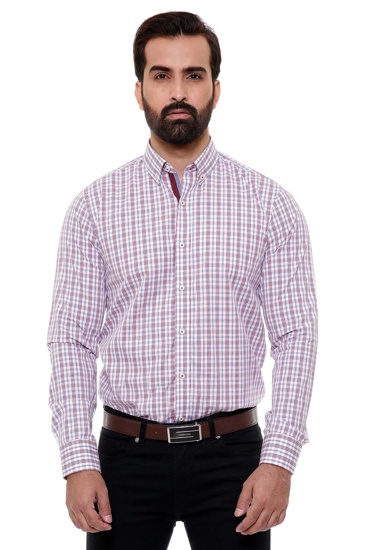SEMI FORMAL SHIRTS BUTTON DOWN FULL SLEEVE RED WHITE at Charcoal Clothing