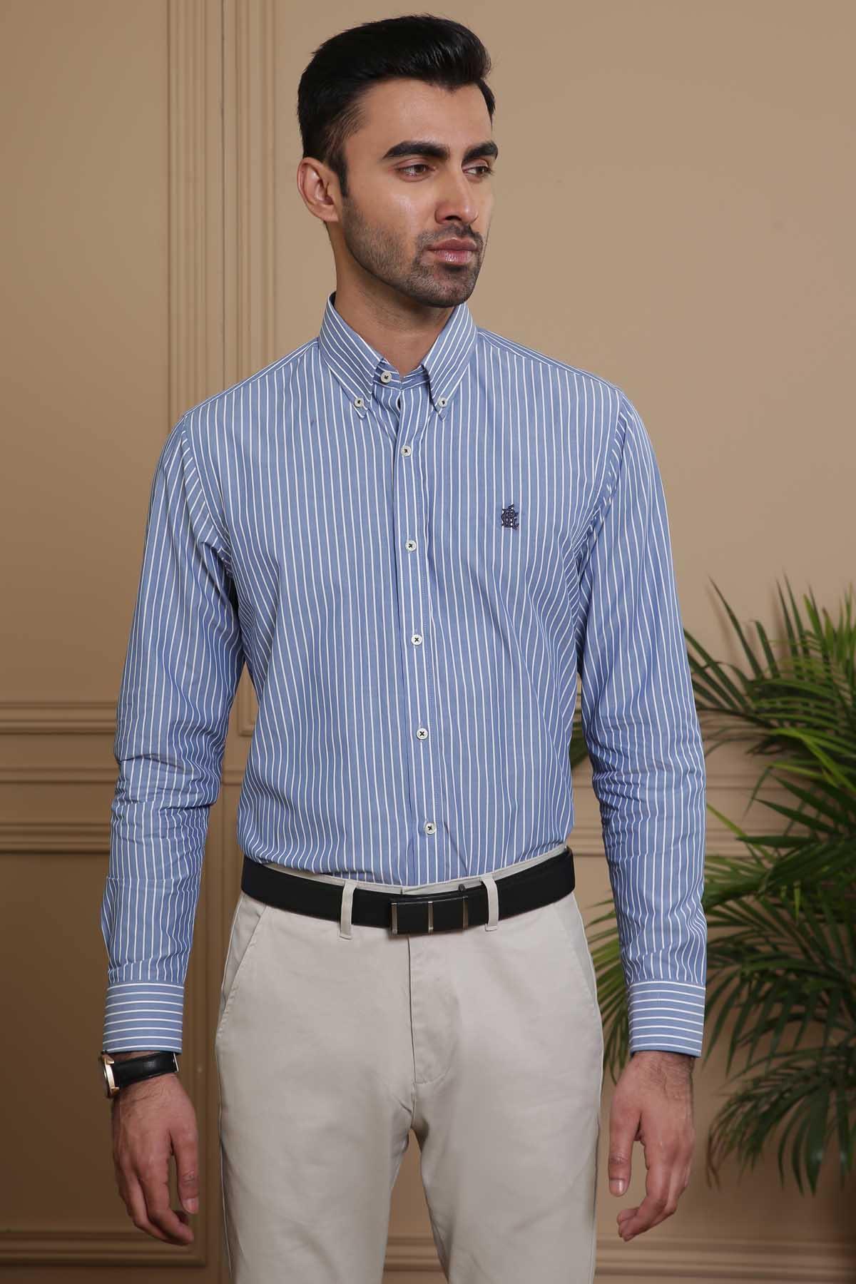 SEMI FORMAL SHIRTS BUTTON DOWN FULL SLEEVE SLIM FIT BLUE WHITE LINE at Charcoal Clothing