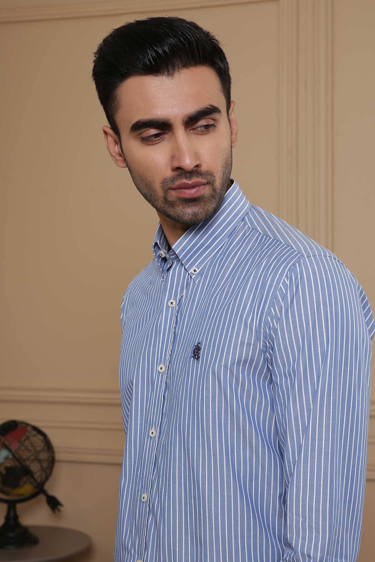 SEMI FORMAL SHIRTS BUTTON DOWN FULL SLEEVE SLIM FIT BLUE WHITE LINE at Charcoal Clothing