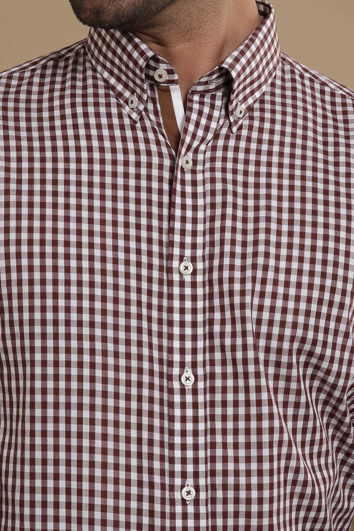 SEMI FORMAL SHIRTS BUTTON DOWN FULL SLEEVE SLIM FIT BROWN WHITE CHECK at Charcoal Clothing