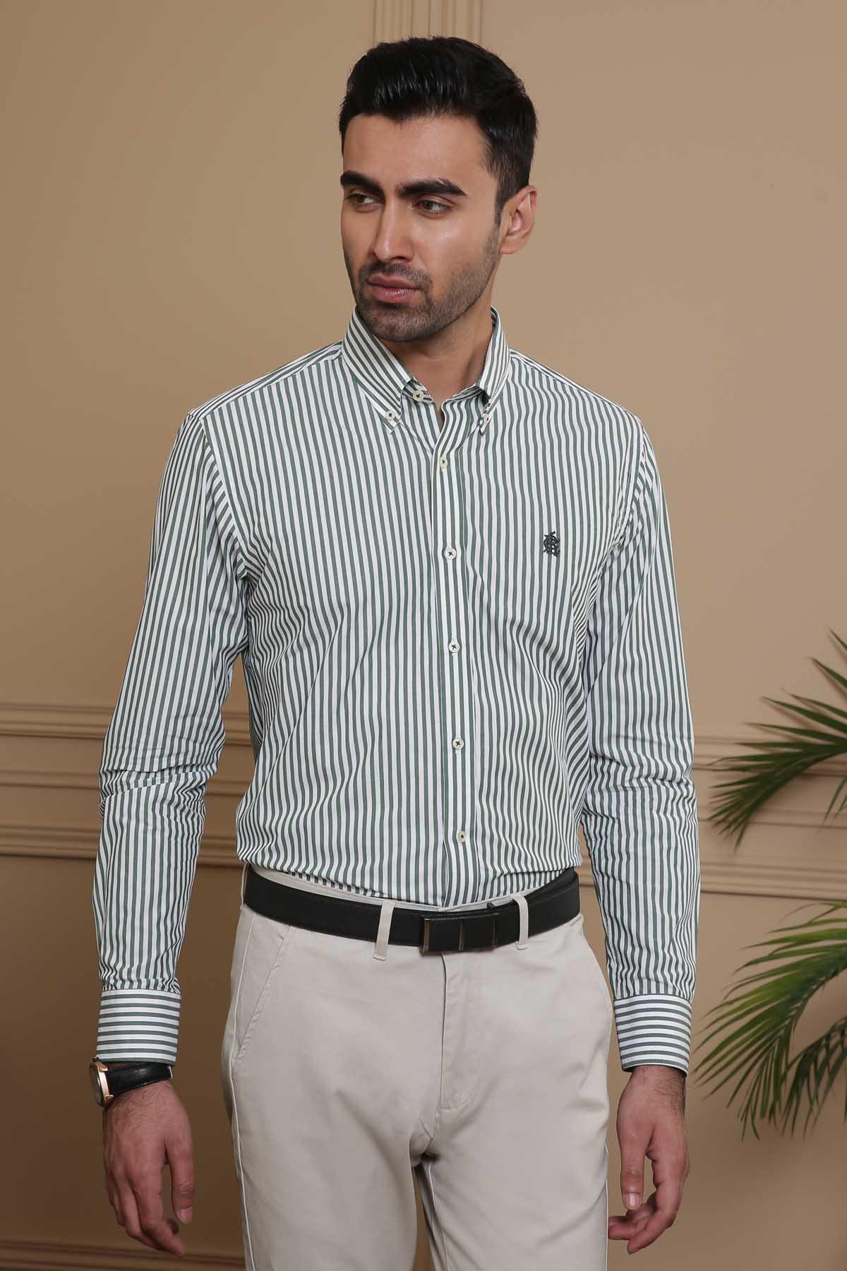 SEMI FORMAL SHIRTS BUTTON DOWN FULL SLEEVE SLIM FIT GREEN WHITE at Charcoal Clothing